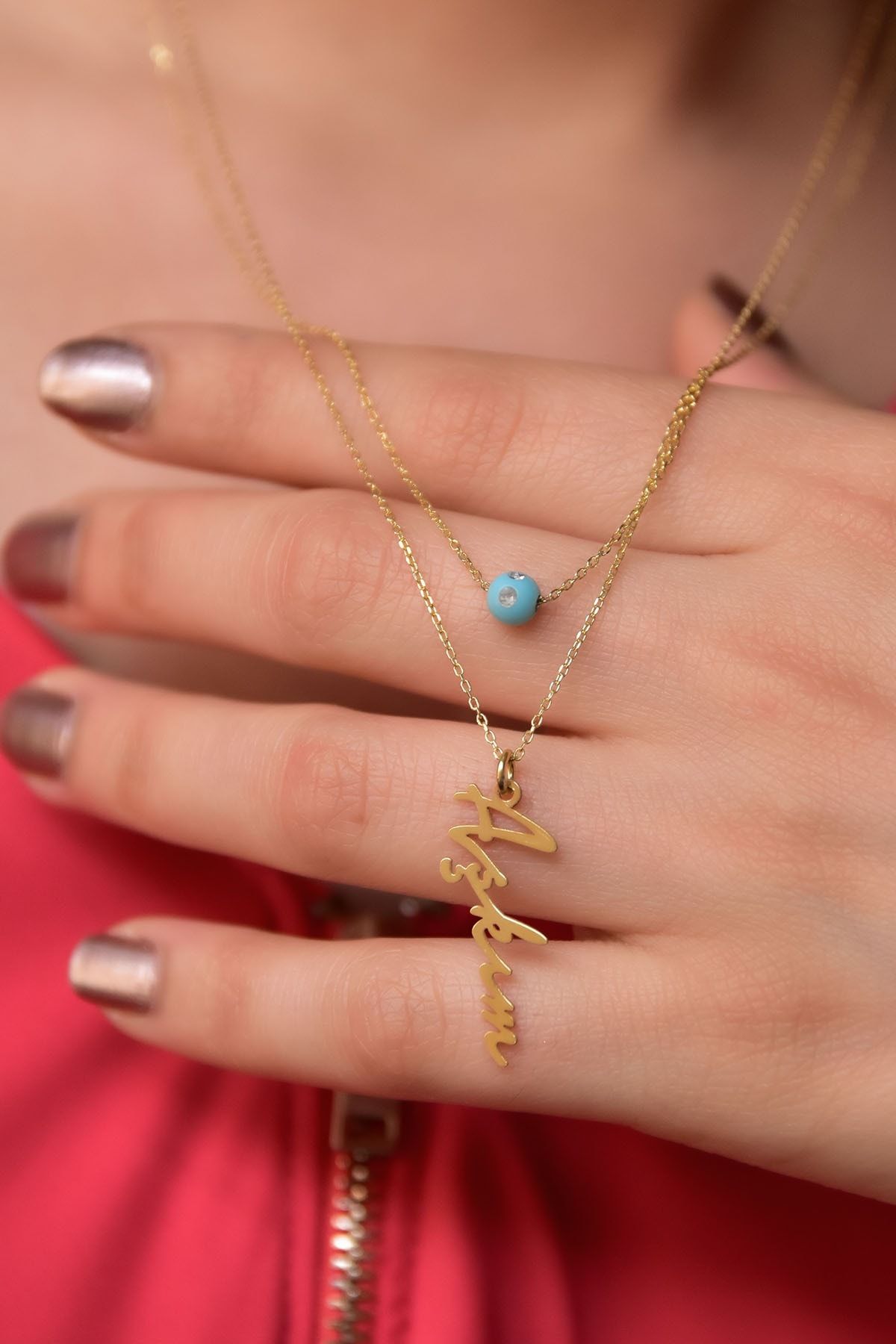 925 Ayar Gümüş Altın Kaplama Mavi Boncuk Ve Aşkım Yazılı Asansörlü Kolye