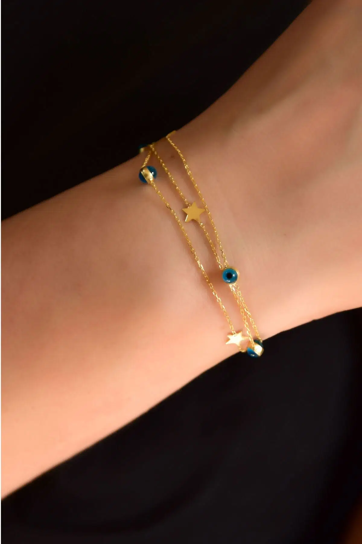 925 Ayar Gümüş Altın Kaplama Mavi Camgöz Yıldız Zincir Bileklik