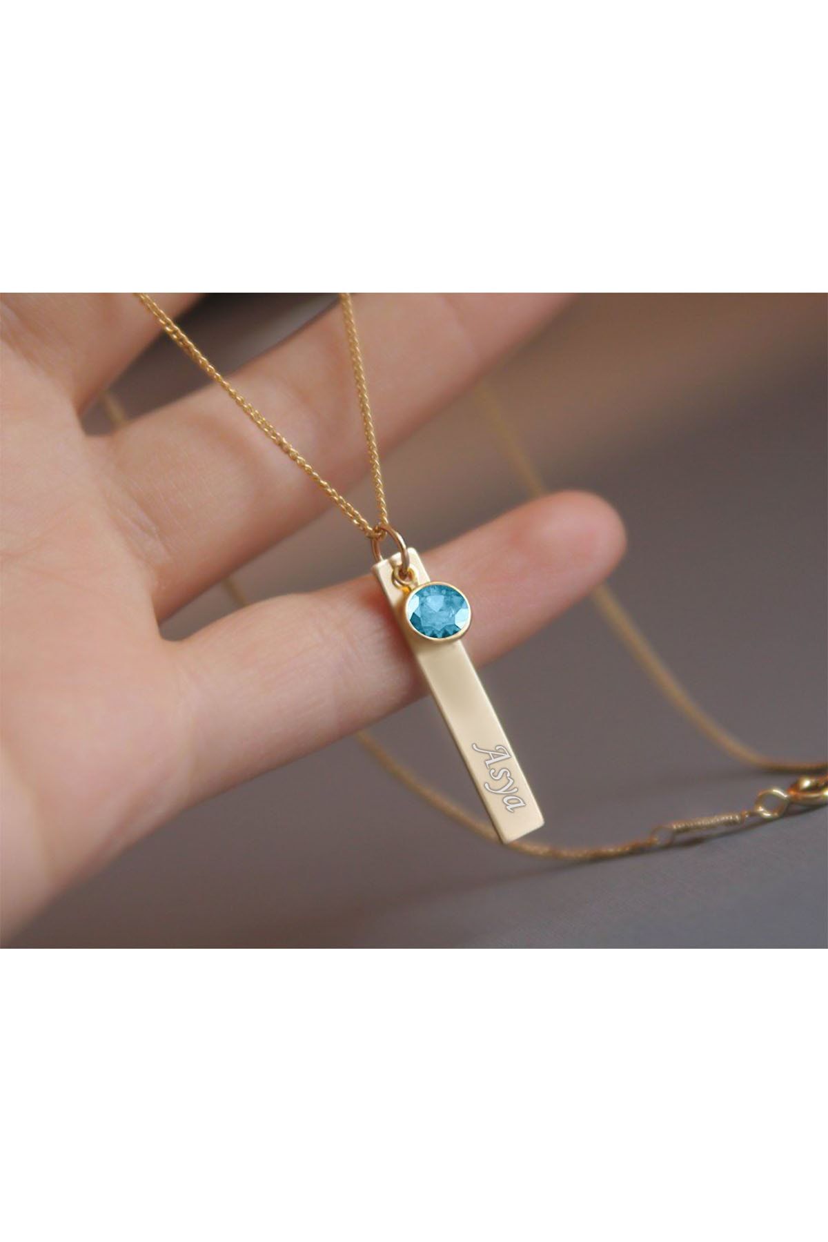 925 Ayar Gümüş Altın Kaplama Mavi Doğum Taşı Plaka Isimli Kadın Kolye