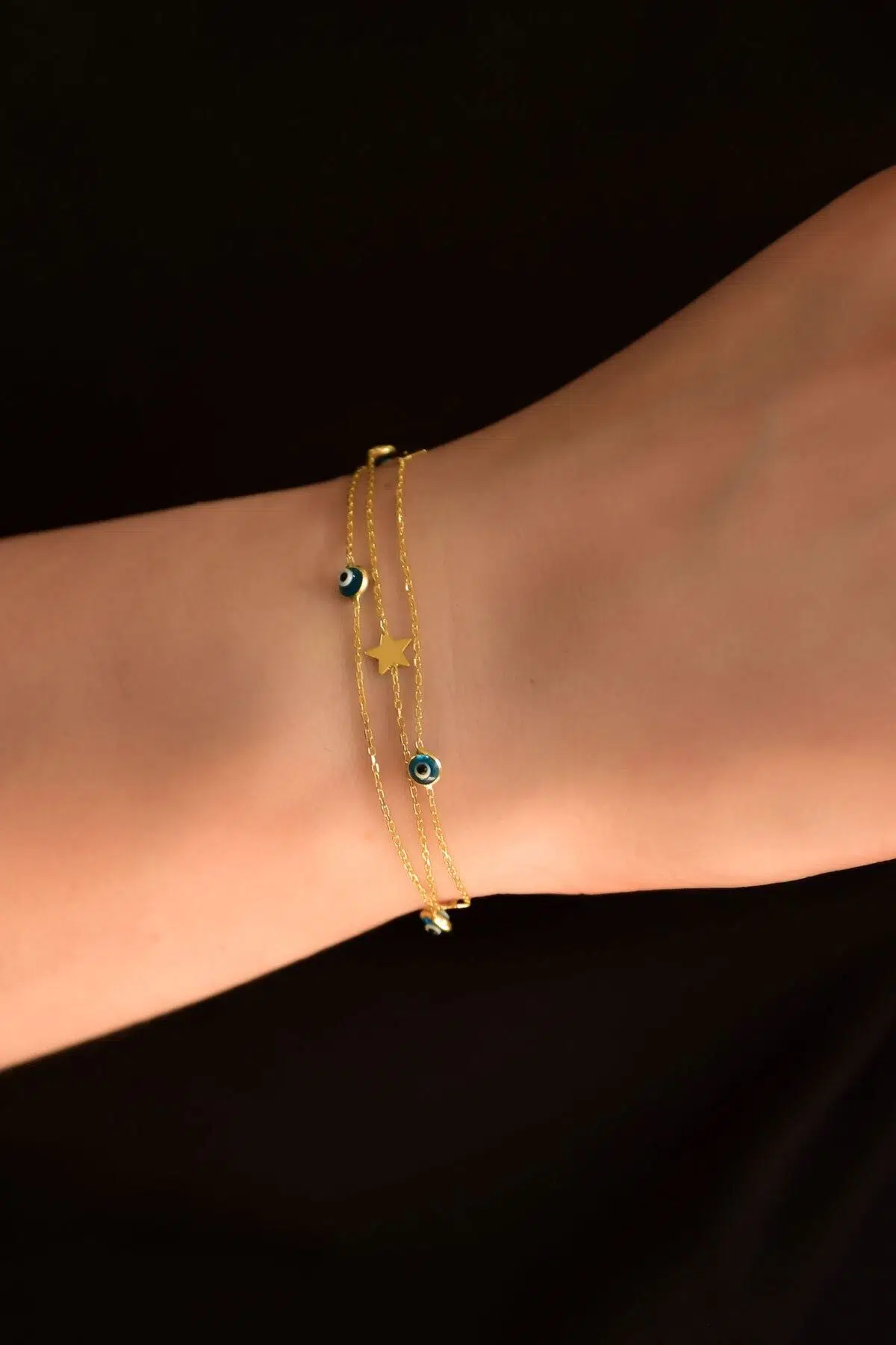 925 Ayar Gümüş Altın Kaplama Mavi Gözlü Mine Yıldız Zincir Bileklik