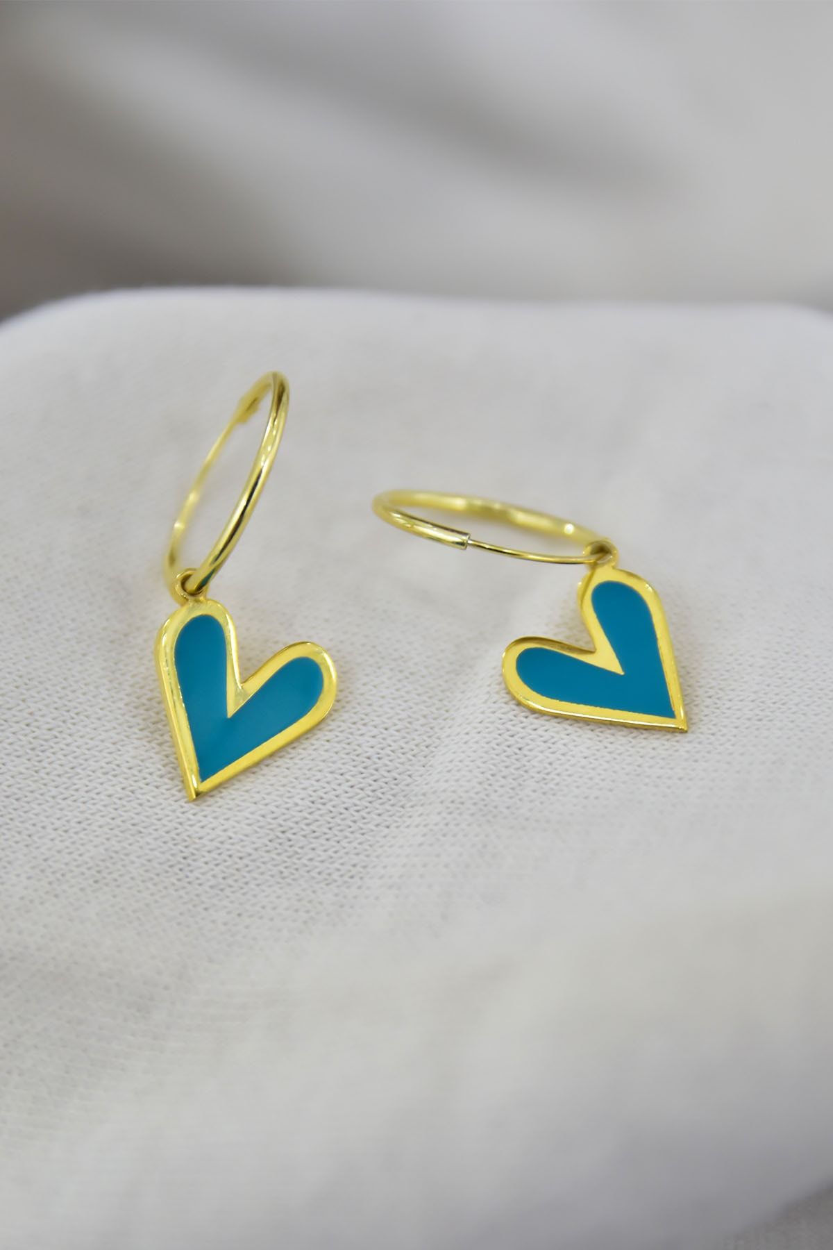 925 Ayar Gümüş Altın Kaplama Mavi Mineli Kalp Halka Küpe