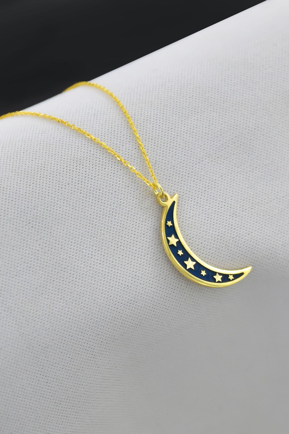 925 Ayar Gümüş Altın Kaplama Mavi Mineli Yıldızlı Hilal Kolye