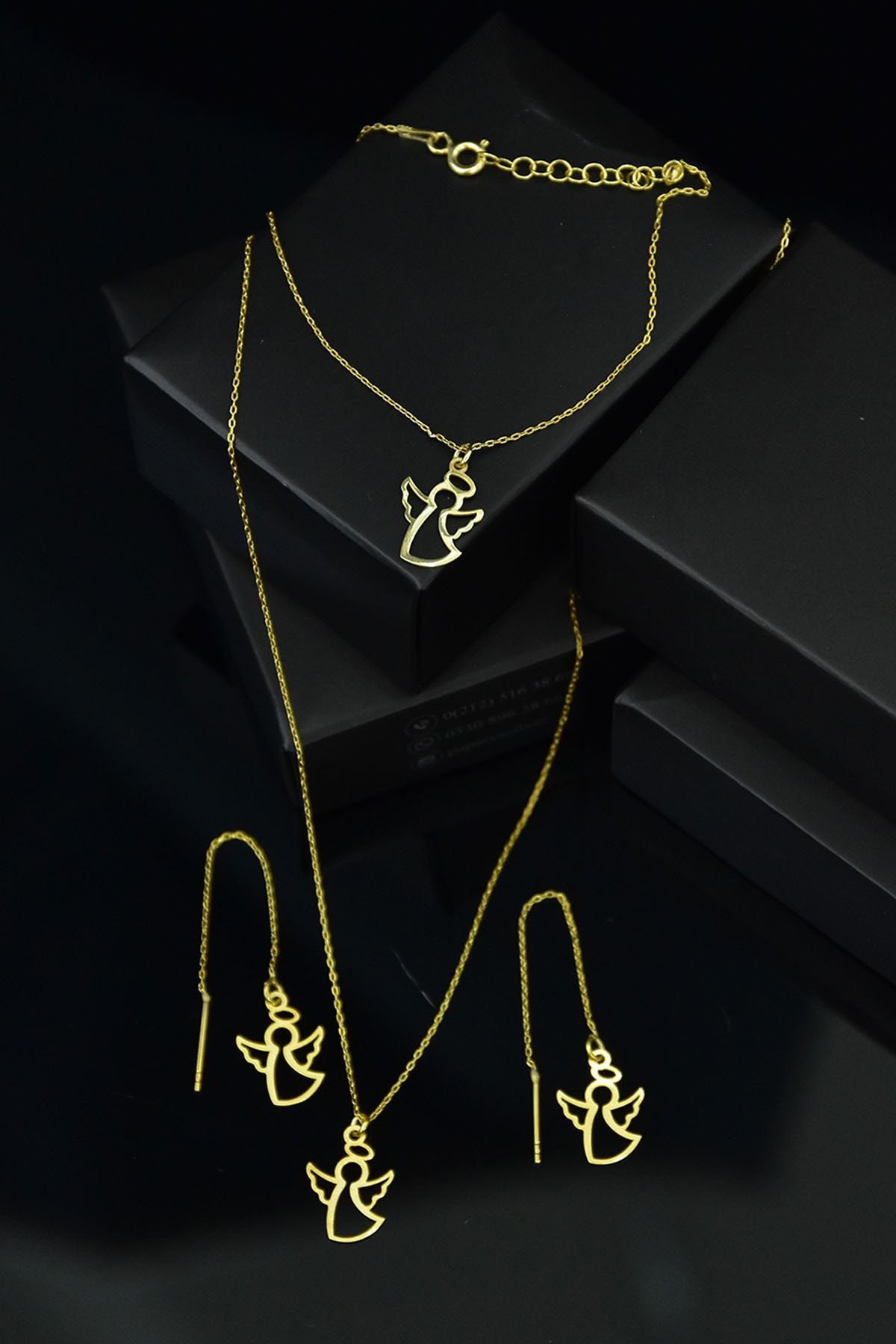 925 Ayar Gümüş Altın Kaplama Melek Kolye Küpe Bileklik Set