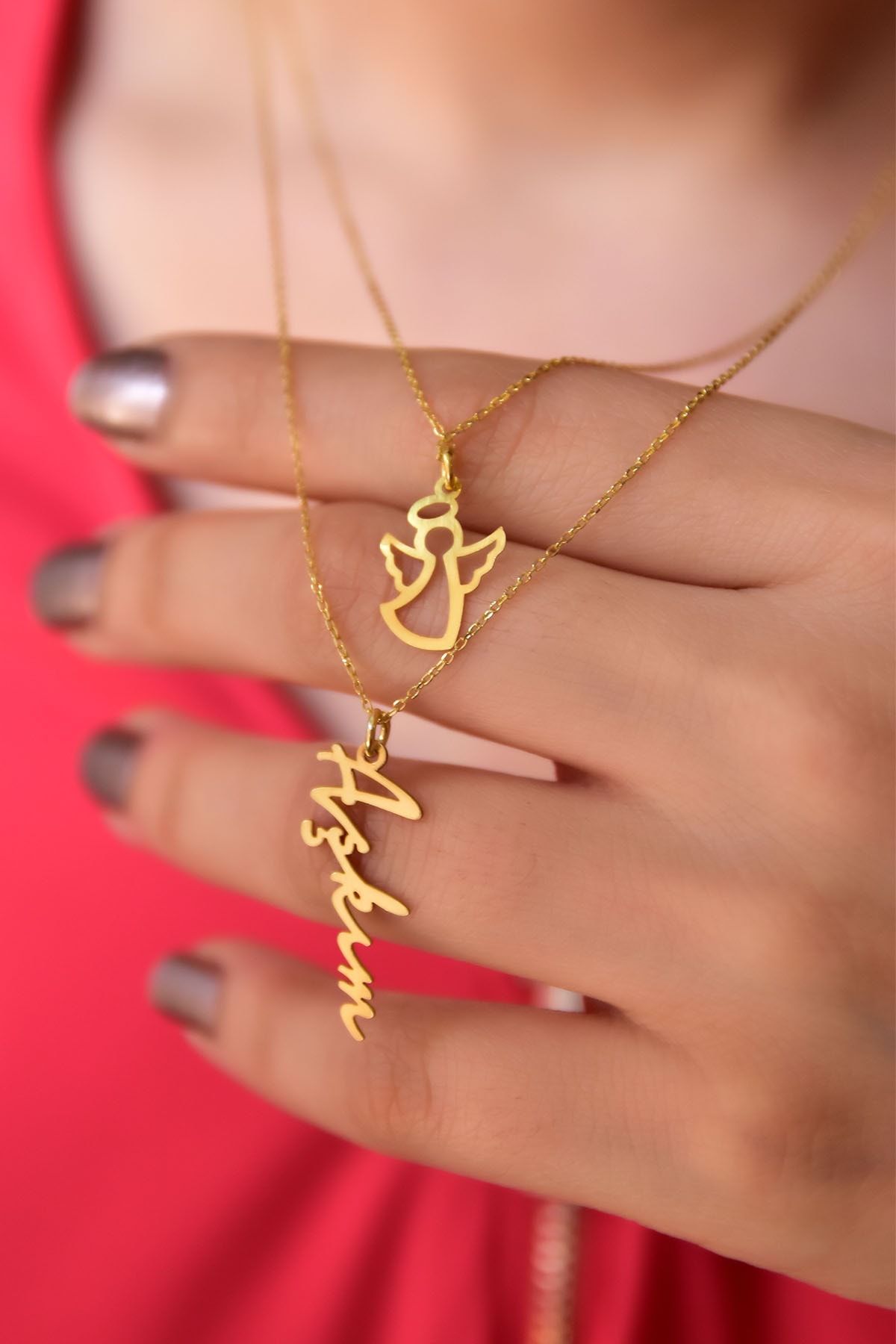 925 Ayar Gümüş Altın Kaplama Melek Ve Aşkım Yazılı Asansörlü Kolye