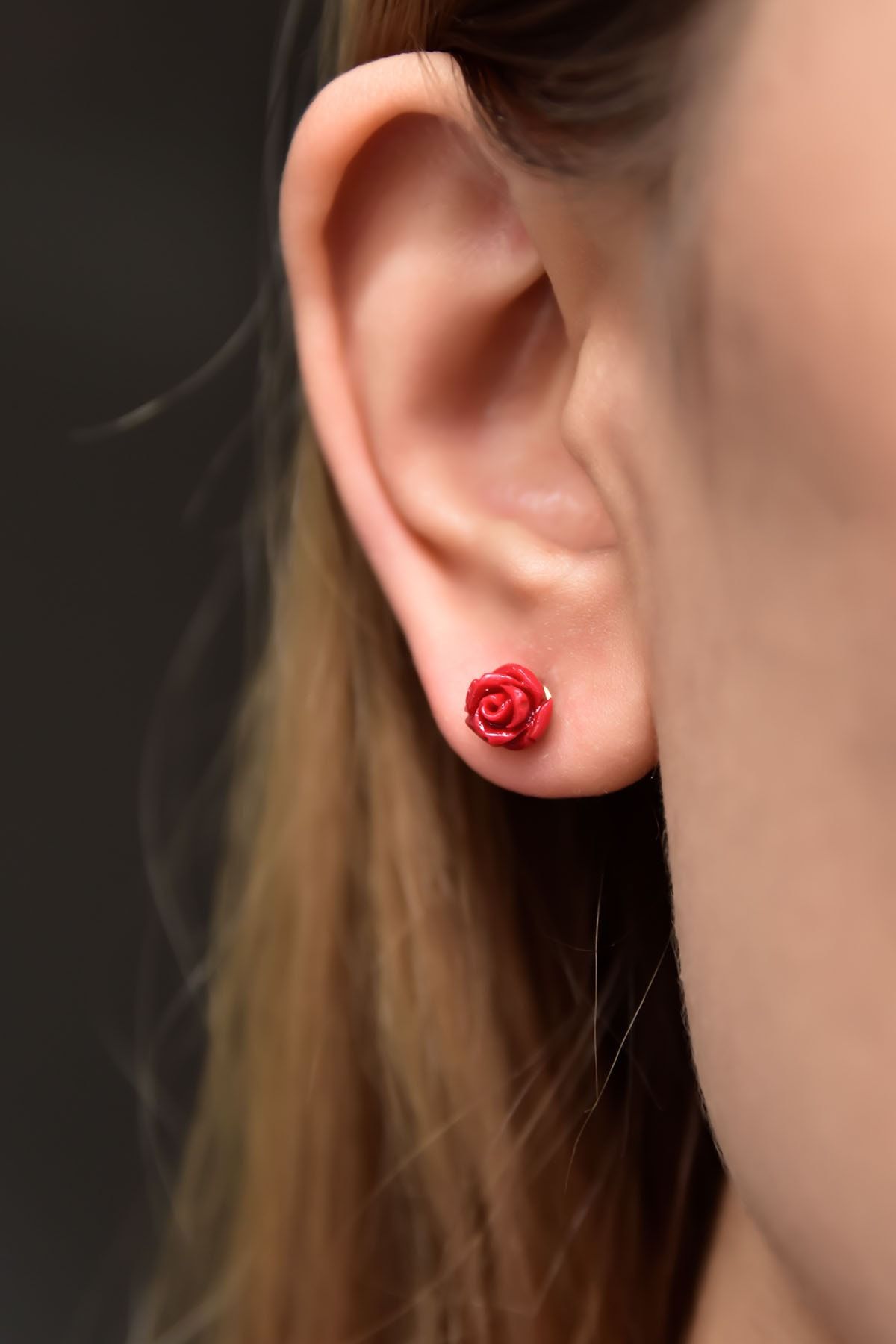 925 Ayar Gümüş Altın Kaplama Mercan Kırmızı Gül Küpe