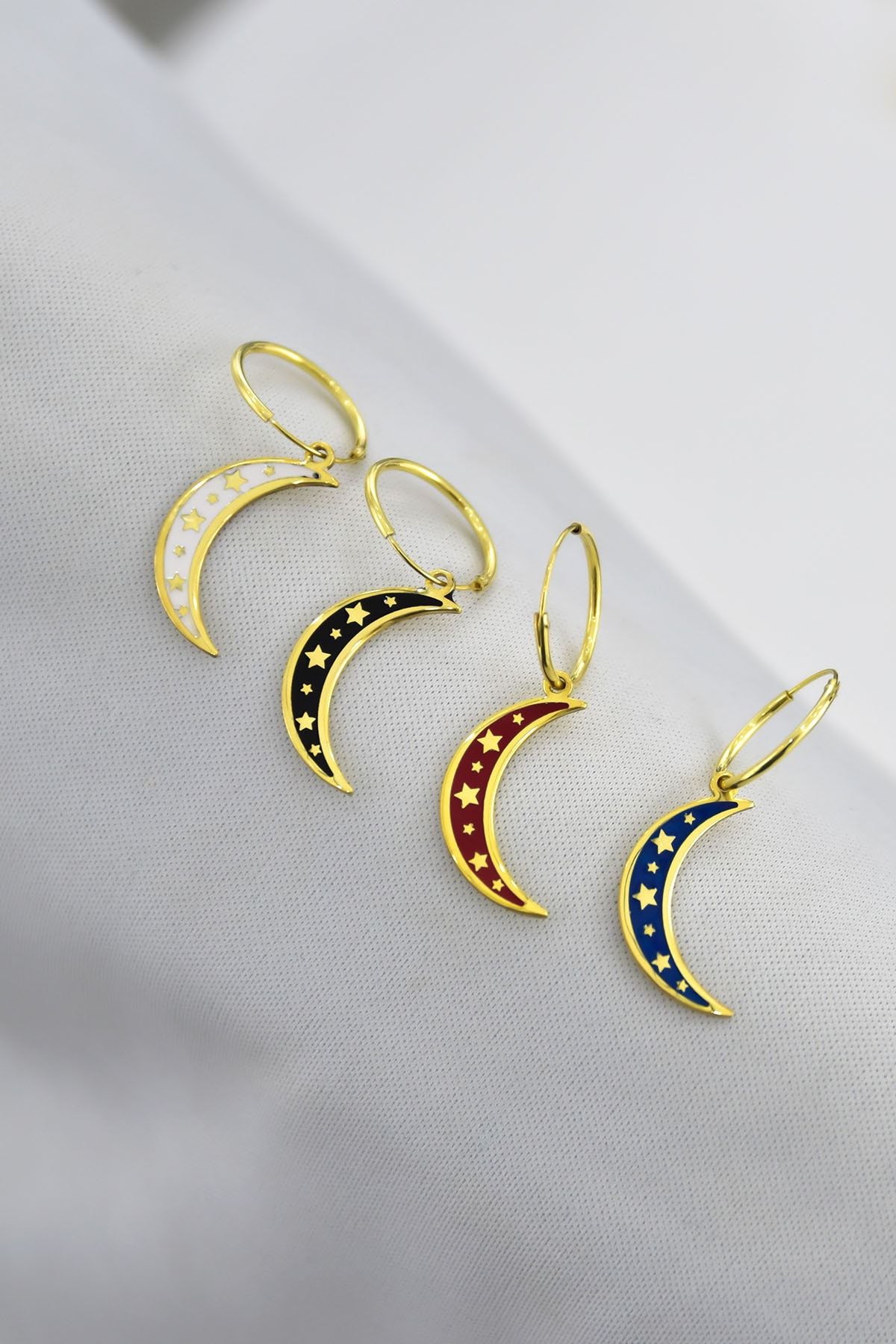 925 Ayar Gümüş Altın Kaplama Mineli Ay Küpe Dörtlü