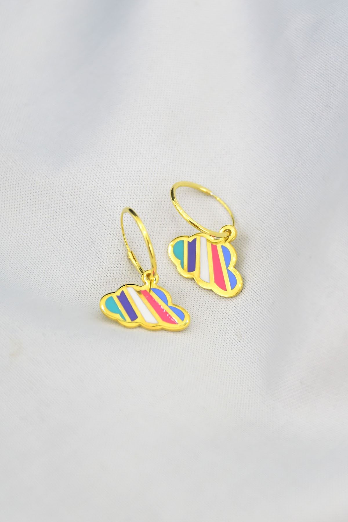 925 Ayar Gümüş Altın Kaplama Mineli Bulut Model Halka Küpe