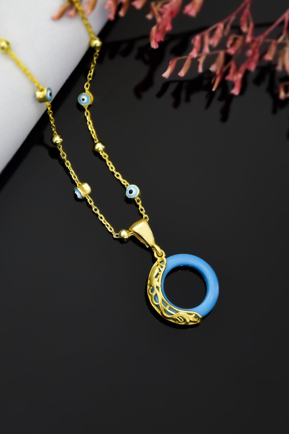 925 Ayar Gümüş Altın Kaplama Mineli Göz Zincir Ejderha Desenli Turkuaz Simit Kolye