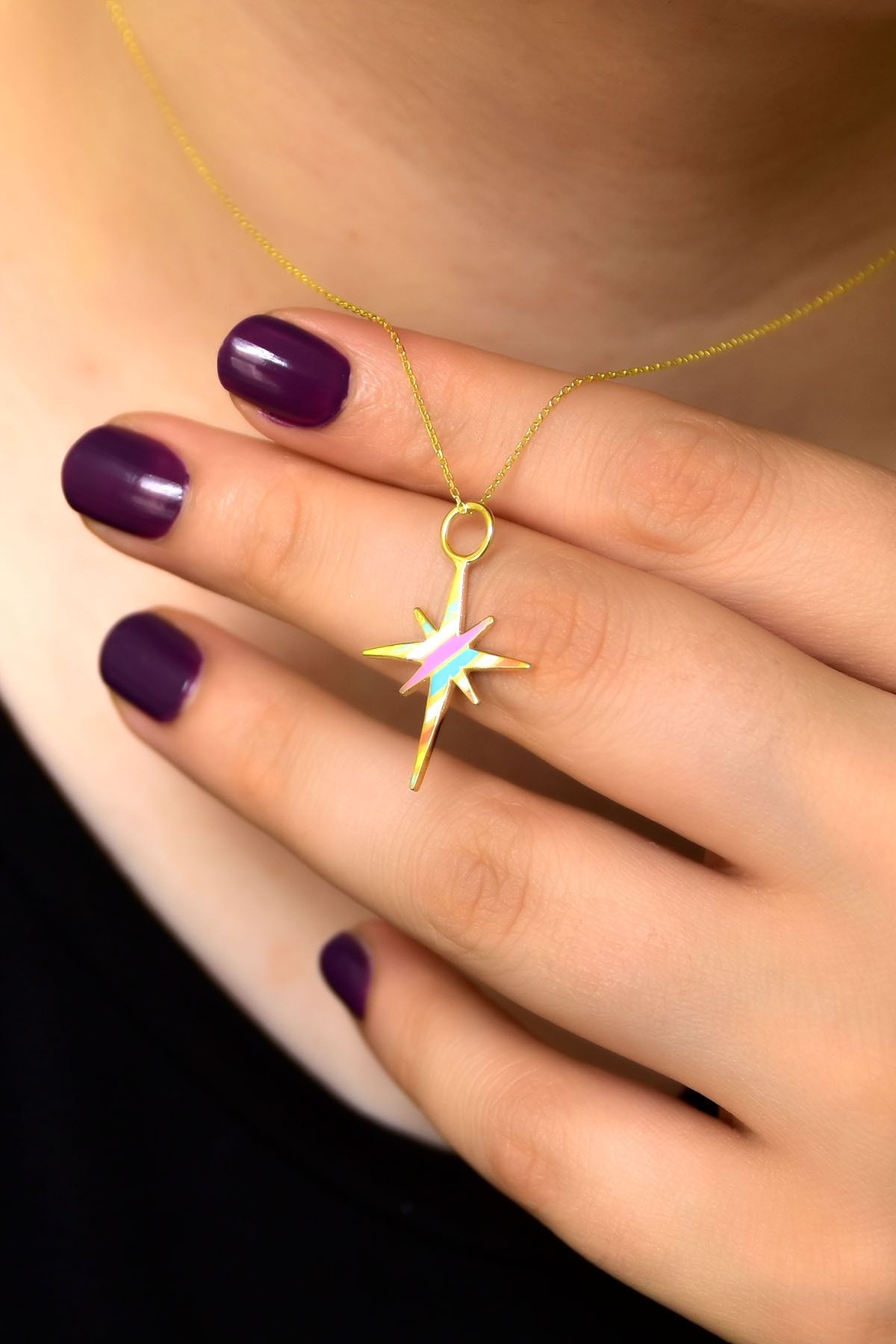 925 Ayar Gümüş Altın Kaplama Mineli Kutup Yıldızı Kolye