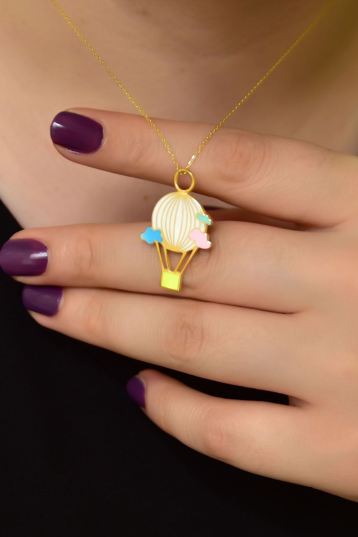 925 Ayar Gümüş Altın Kaplama Mineli Uçan Balon Kadın Kolye