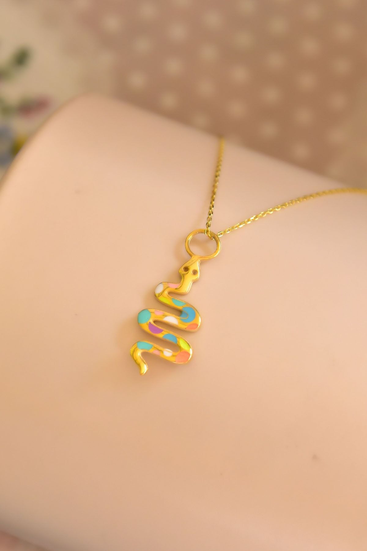 925 Ayar Gümüş Altın Kaplama Mineli Yılan Kolye