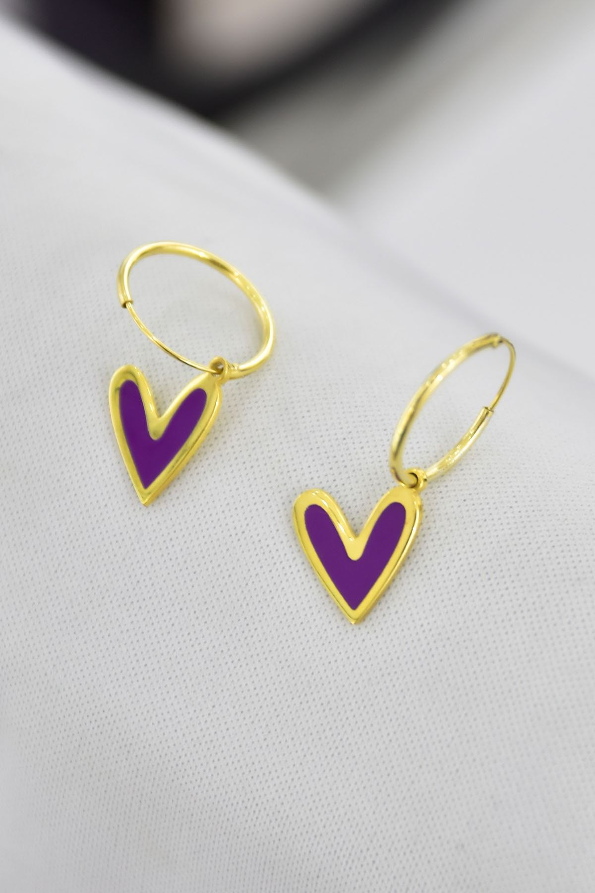 925 Ayar Gümüş Altın Kaplama Mor Mineli Kalp Halka Küpe