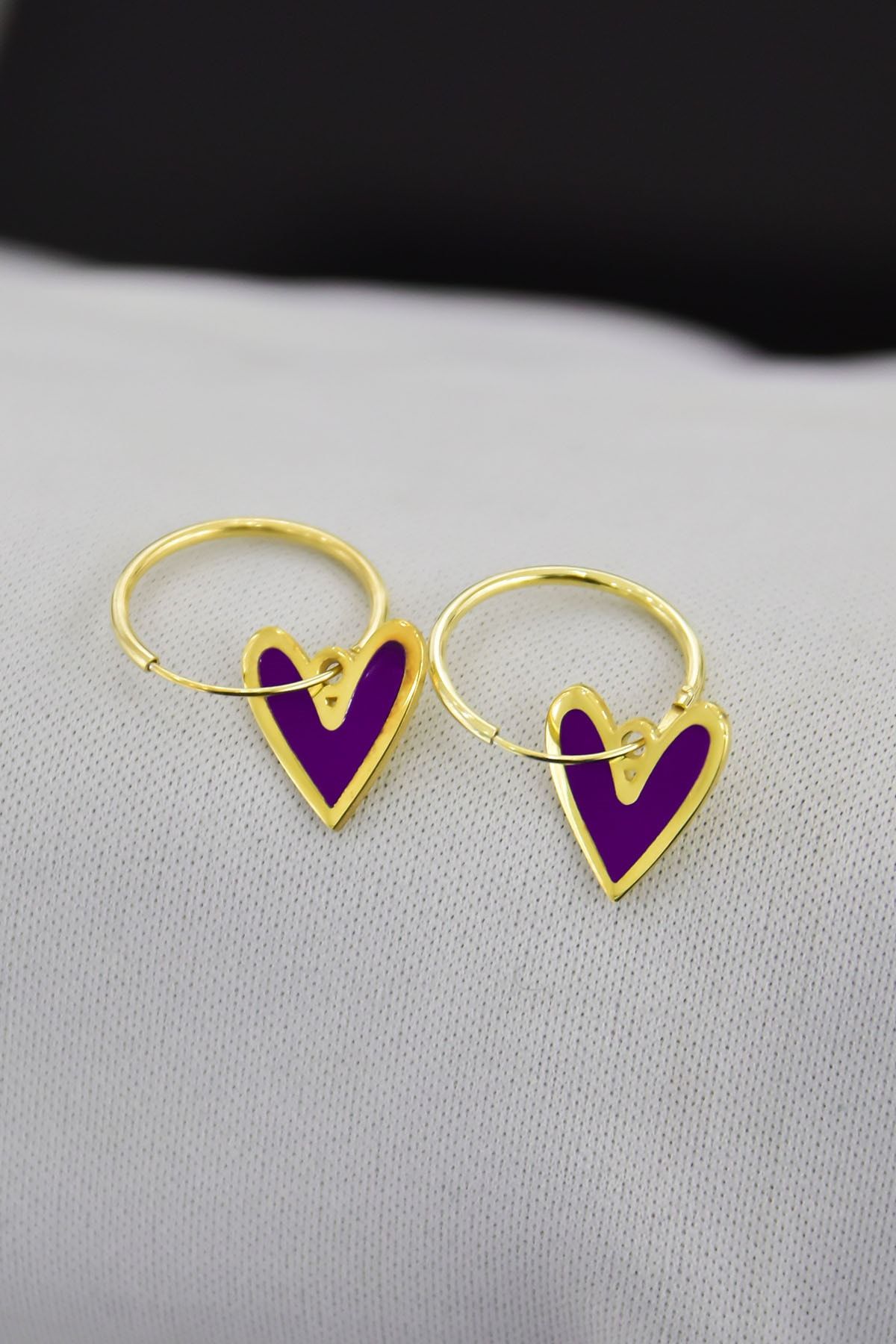 925 Ayar Gümüş Altın Kaplama Mor Mineli Kalp Halka Küpe