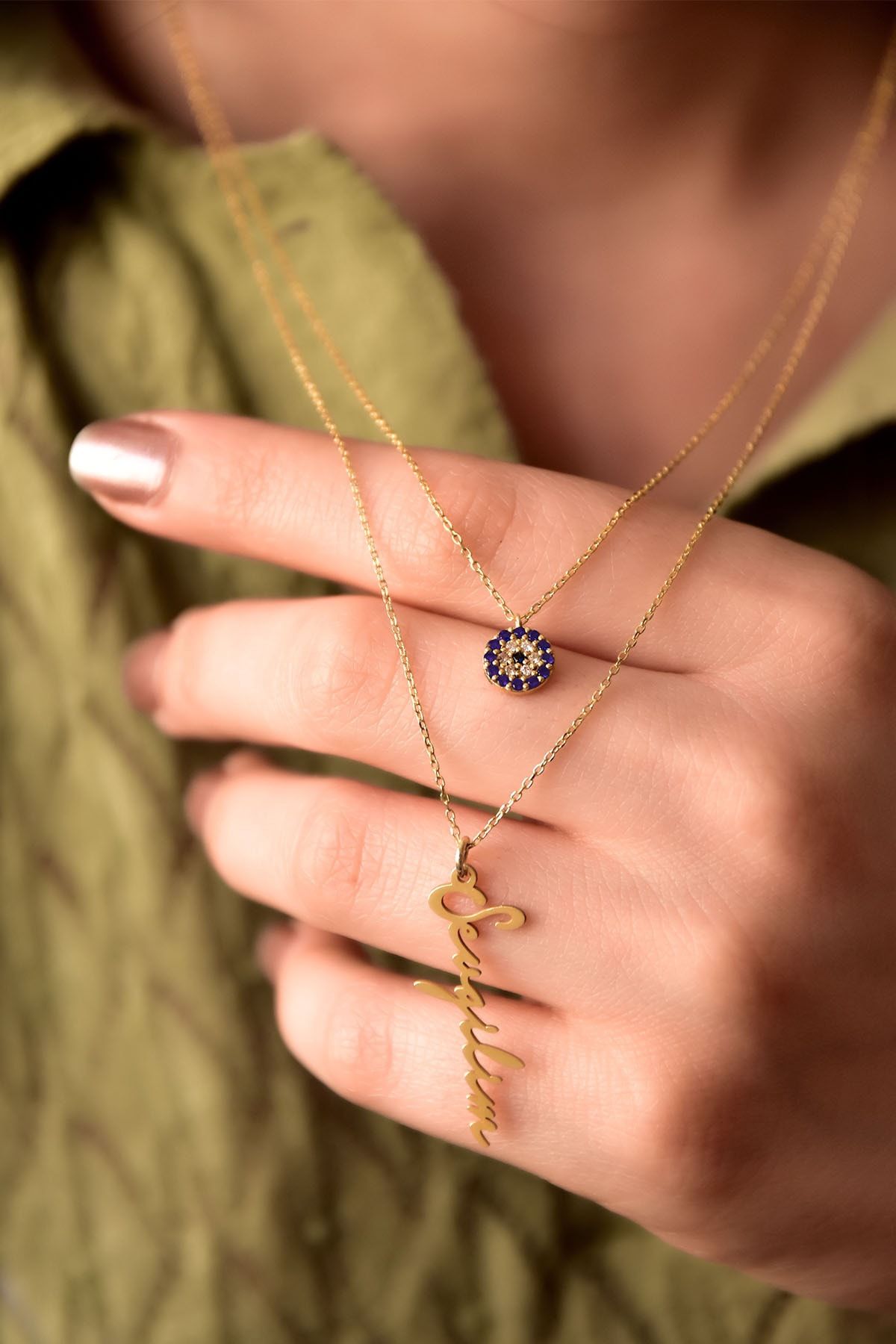 925 Ayar Gümüş Altın Kaplama Nazar Ve Sevgilim Yazılı Asansörlü Kolye