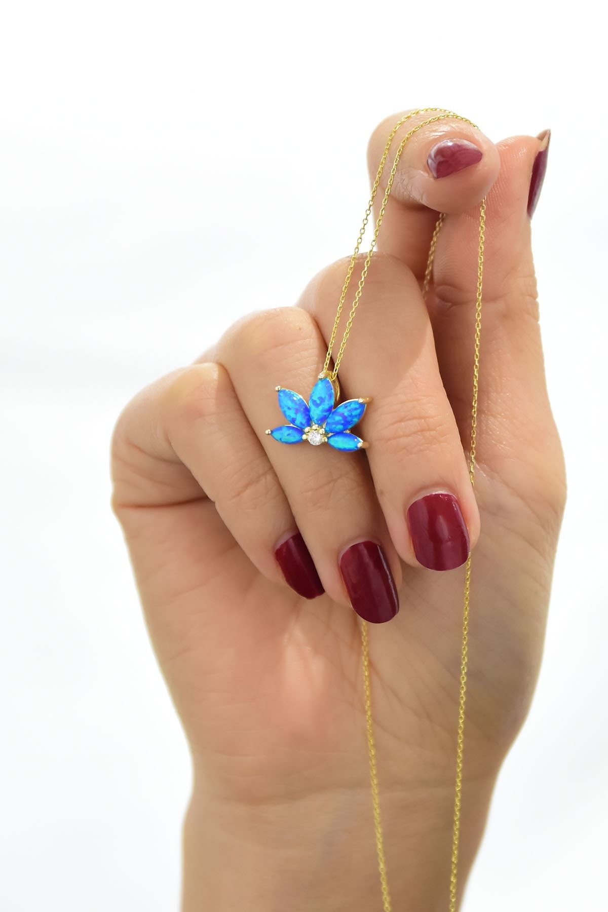 925 Ayar Gümüş Altın Kaplama Opal Taşlı Lotus Kolye