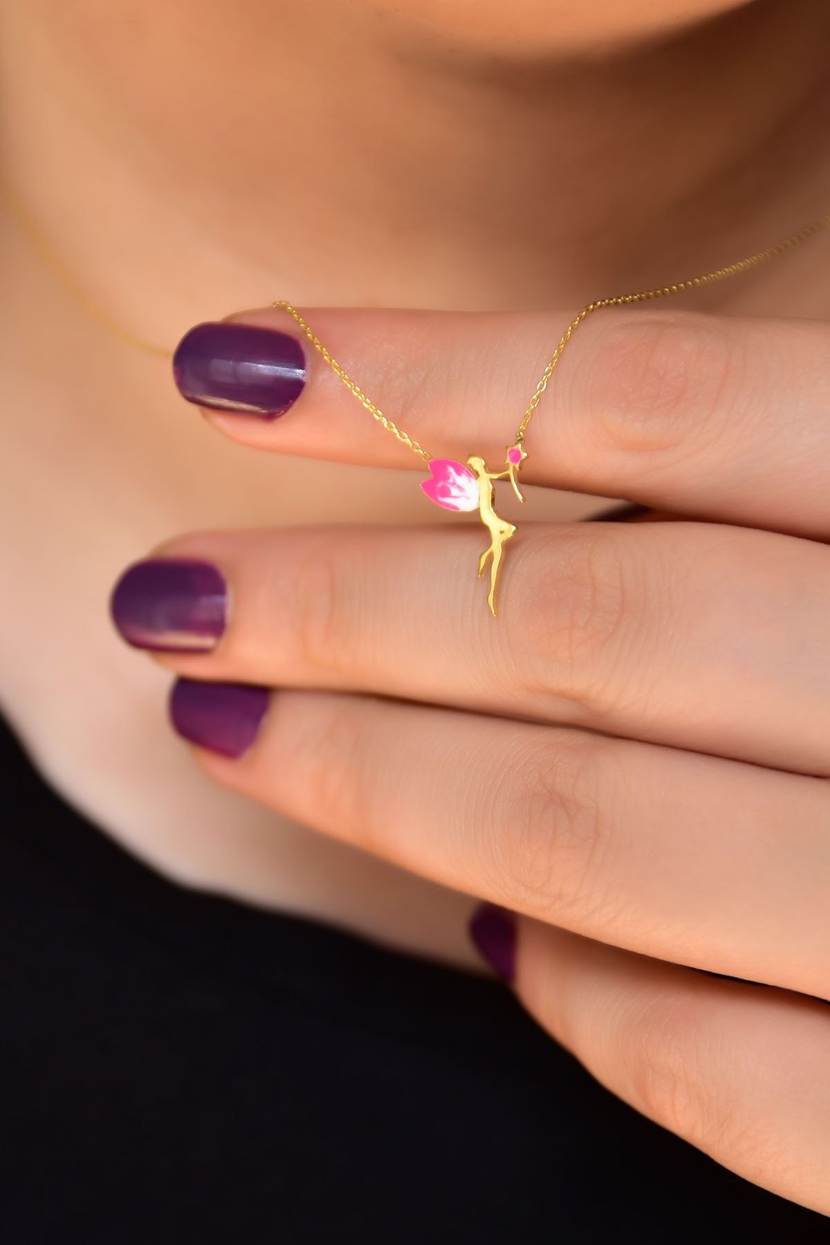 925 Ayar Gümüş Altın Kaplama Pembe Beyaz Mineli Su Perisi Kolye