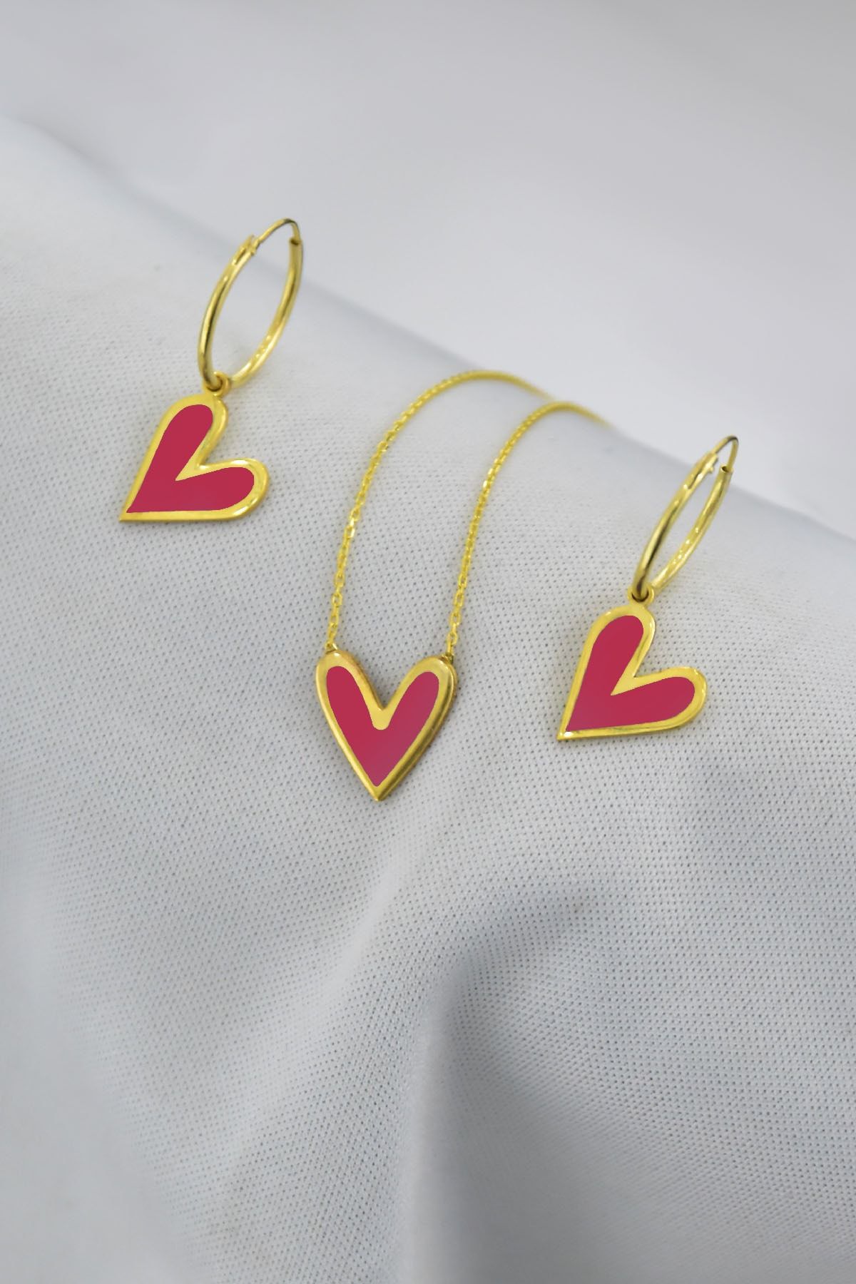 925 Ayar Gümüş Altın Kaplama Pembe Mineli Kalp Kolye Küpe Set