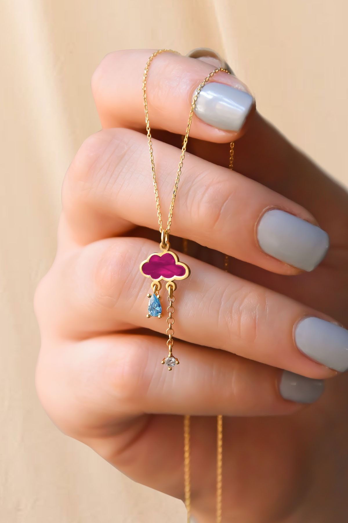 925 Ayar Gümüş Altın Kaplama Pembe Sedef Taşlı Yağmur Bulut Kolye