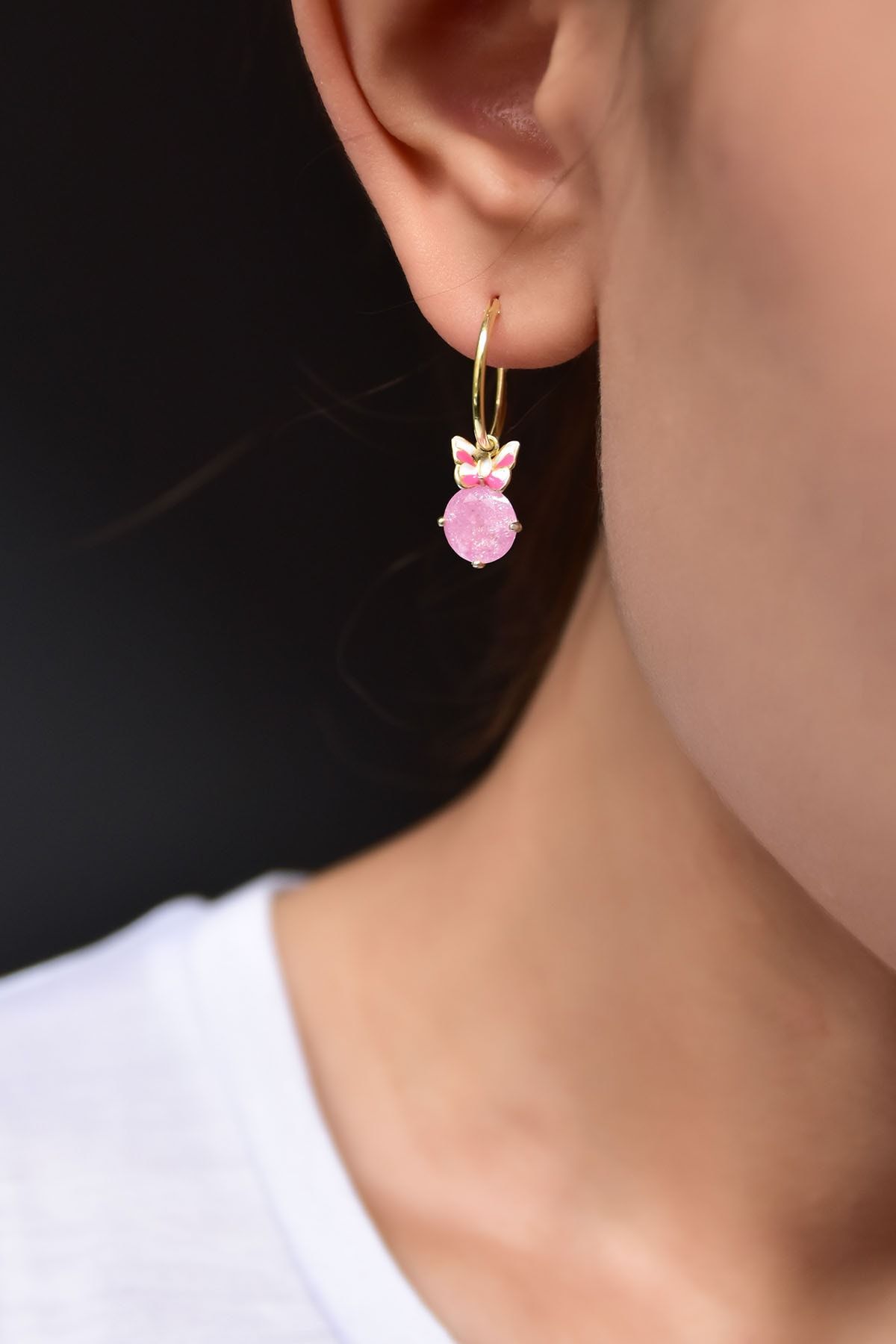 925 Ayar Gümüş Altın Kaplama Pembe Taşlı Kelebek Halka Küpe