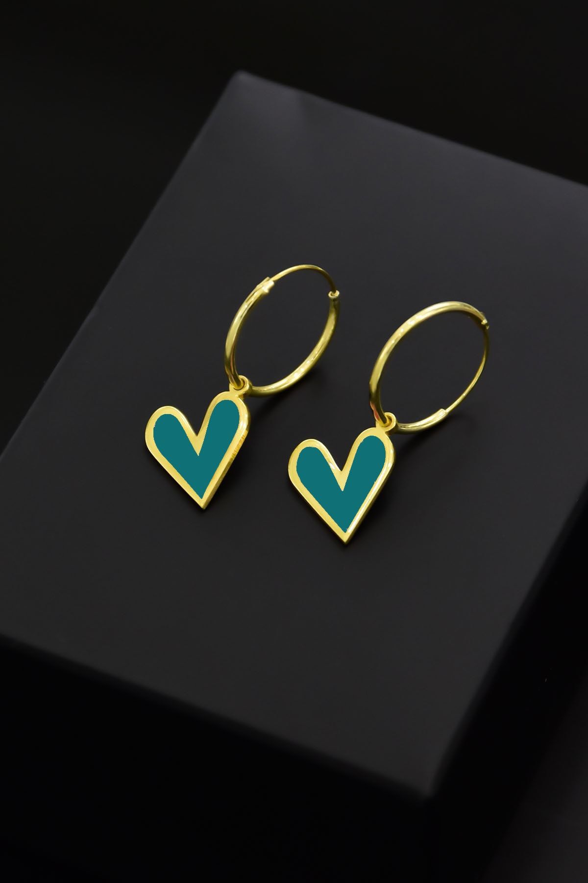 925 Ayar Gümüş Altın Kaplama Petrol Yeşili Mineli Kalp Halka Küpe