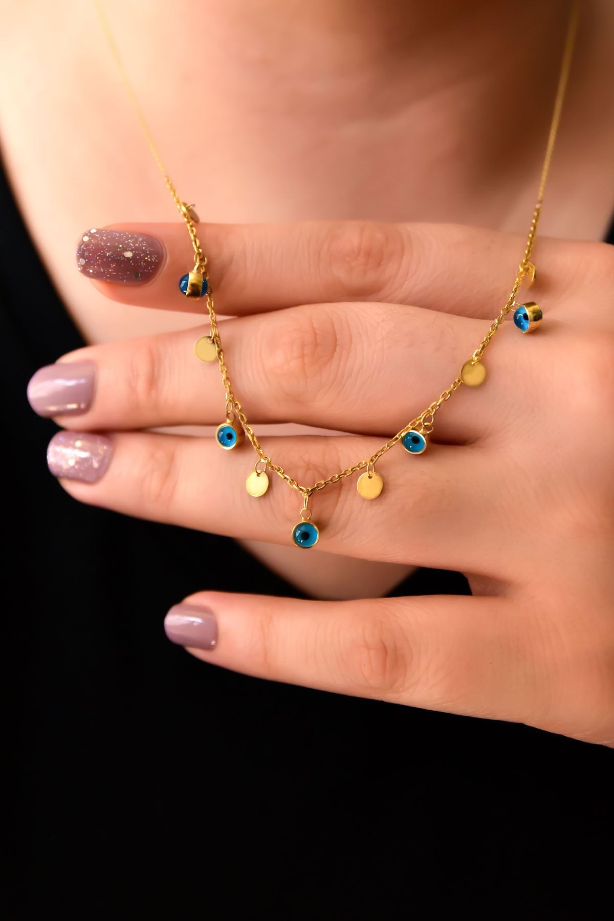 925 Ayar Gümüş Altın Kaplama Pullu Camgöz Kolye