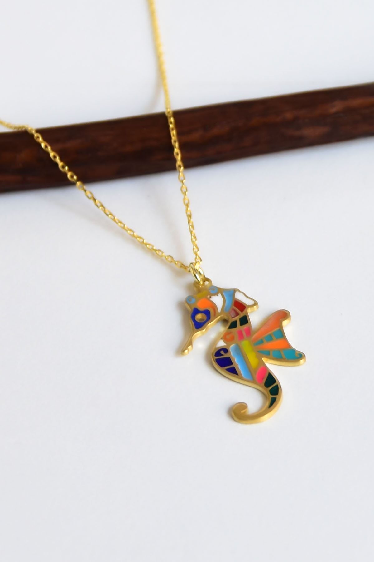 925 Ayar Gümüş Altın Kaplama Renkli Mineli Denizatı Kadın Kolye