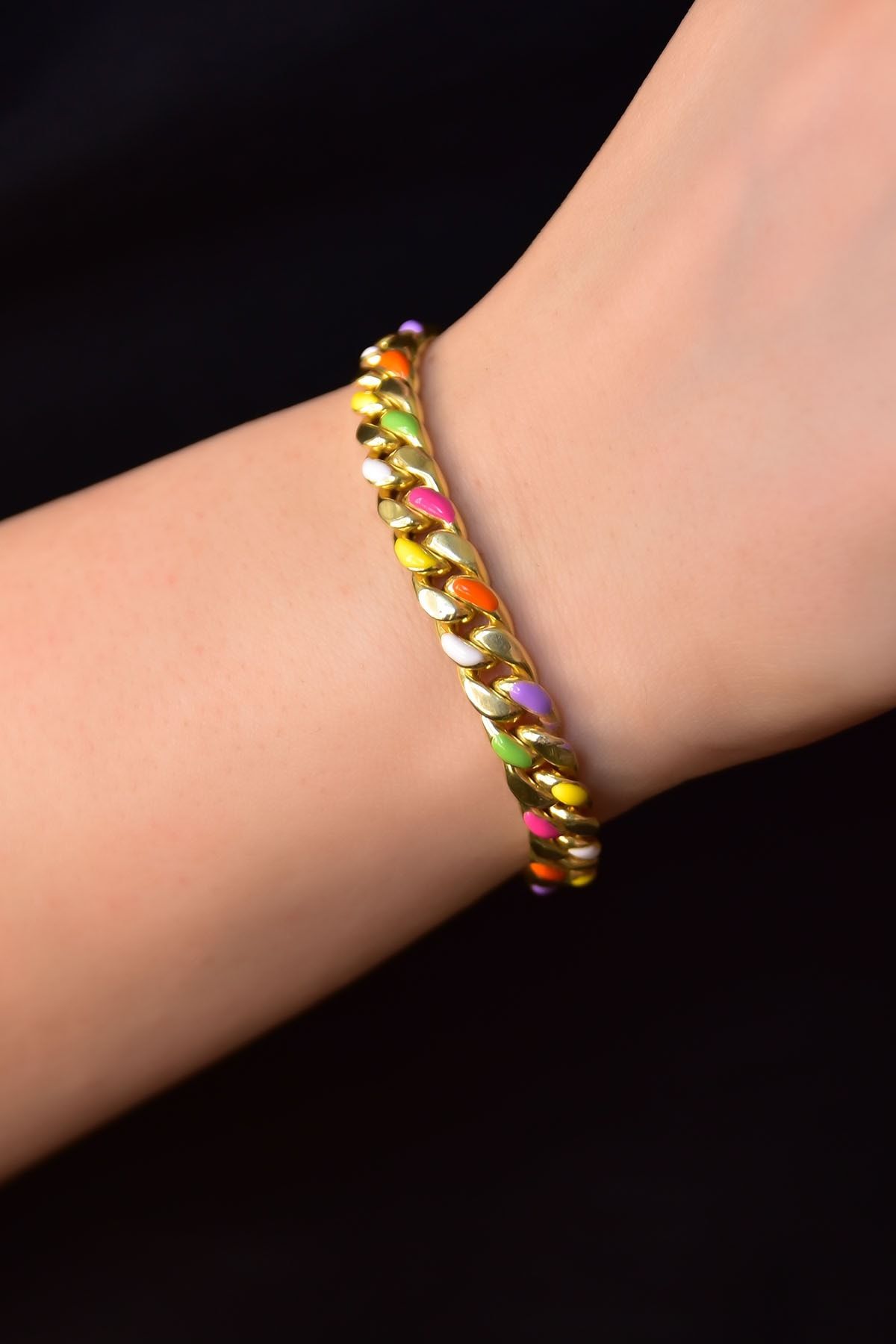 925 Ayar Gümüş Altın Kaplama Renkli Mineli Gurmet Zincir Bileklik