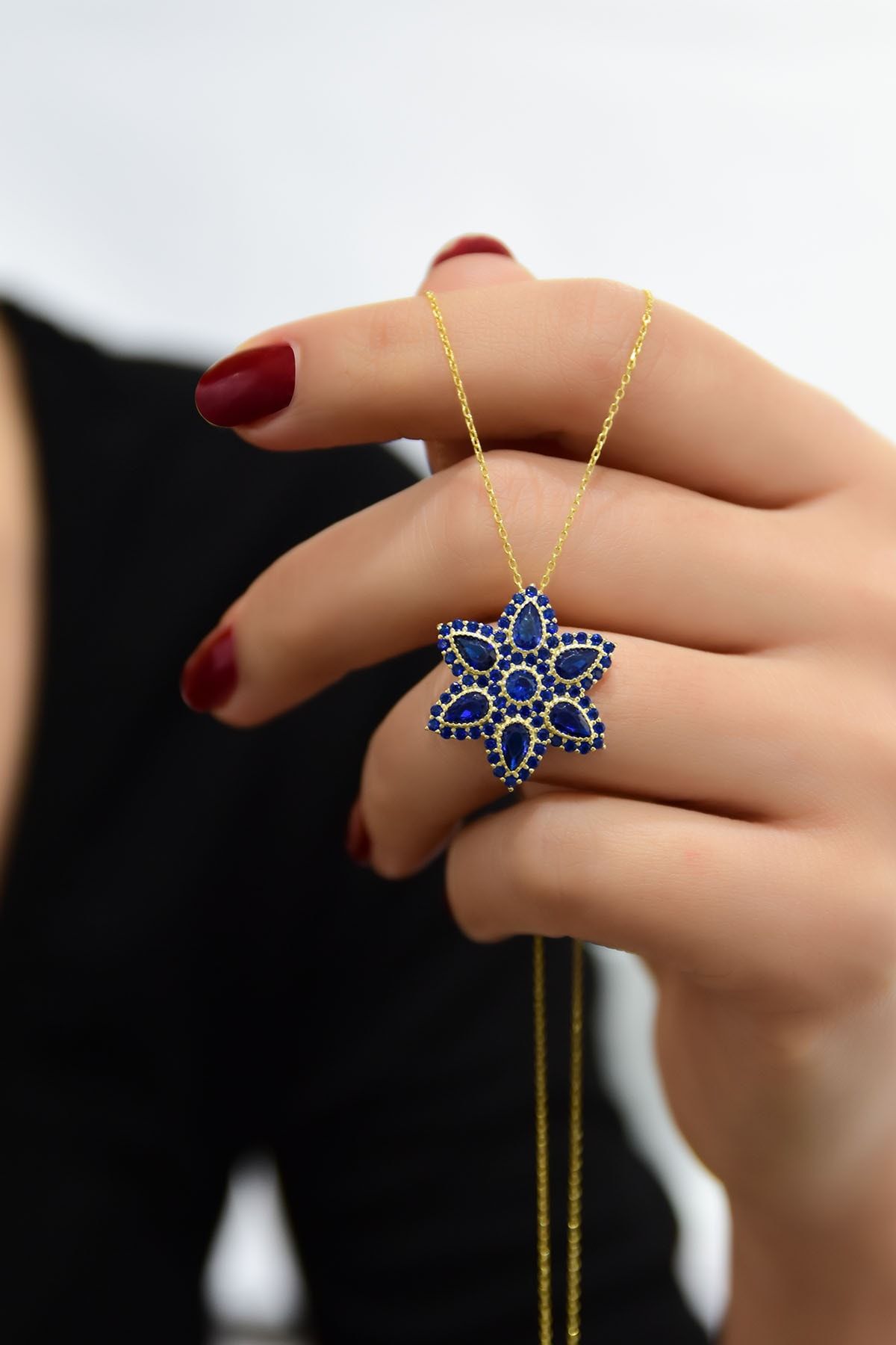 925 Ayar Gümüş Altın Kaplama Safir Damla Lotus Kolye