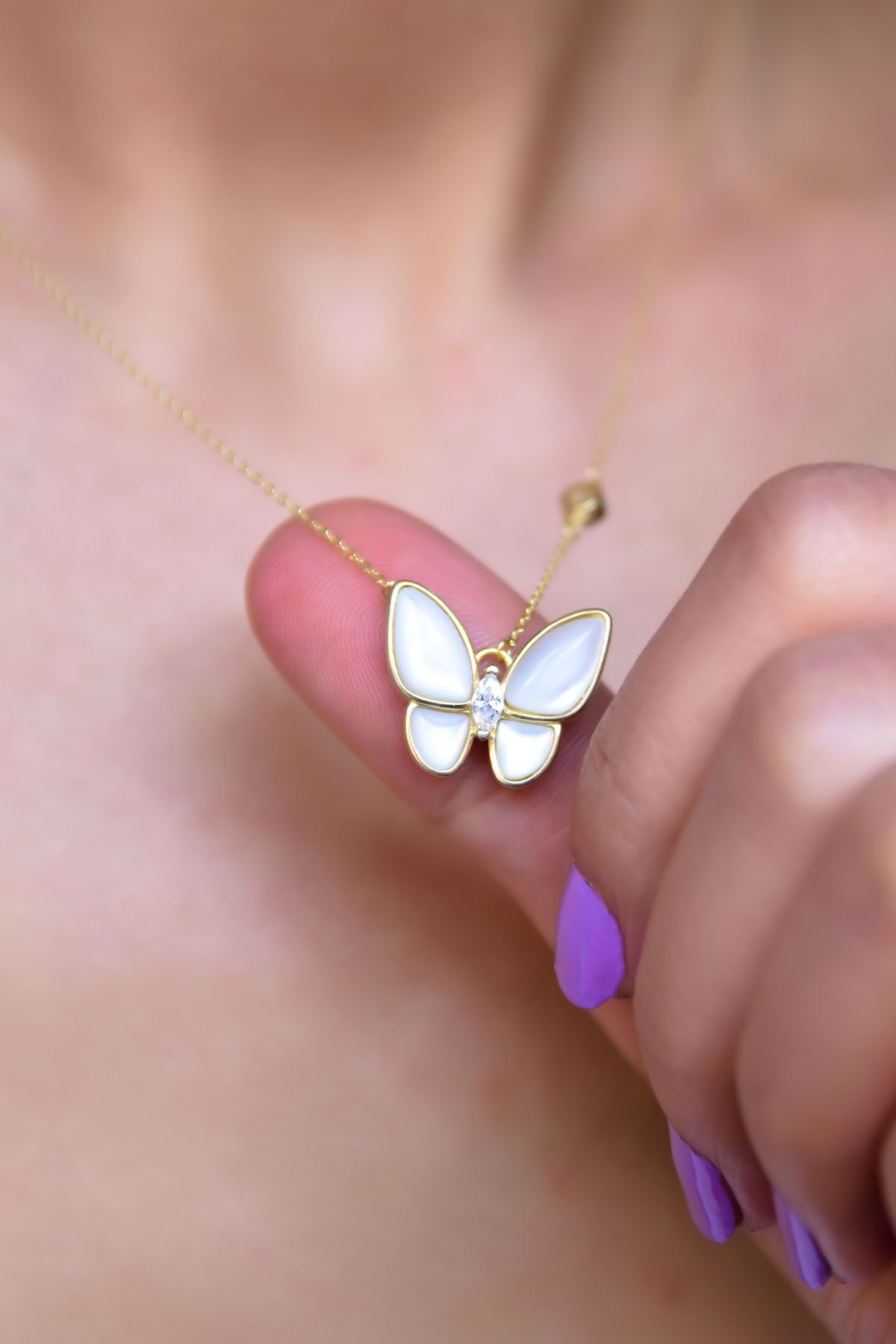 925 Ayar Gümüş Altın Kaplama Sedef Kelebek Kolye