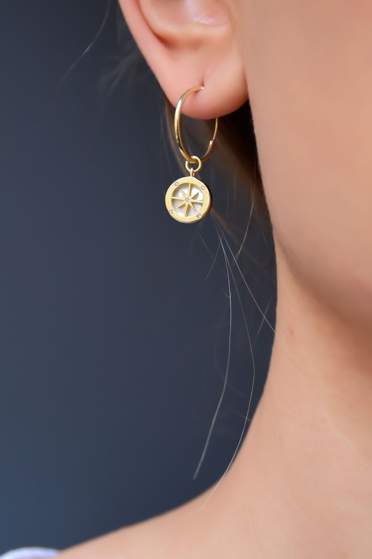 925 Ayar Gümüş Altın Kaplama Sedef Kutup Yıldızı Halka Küpe