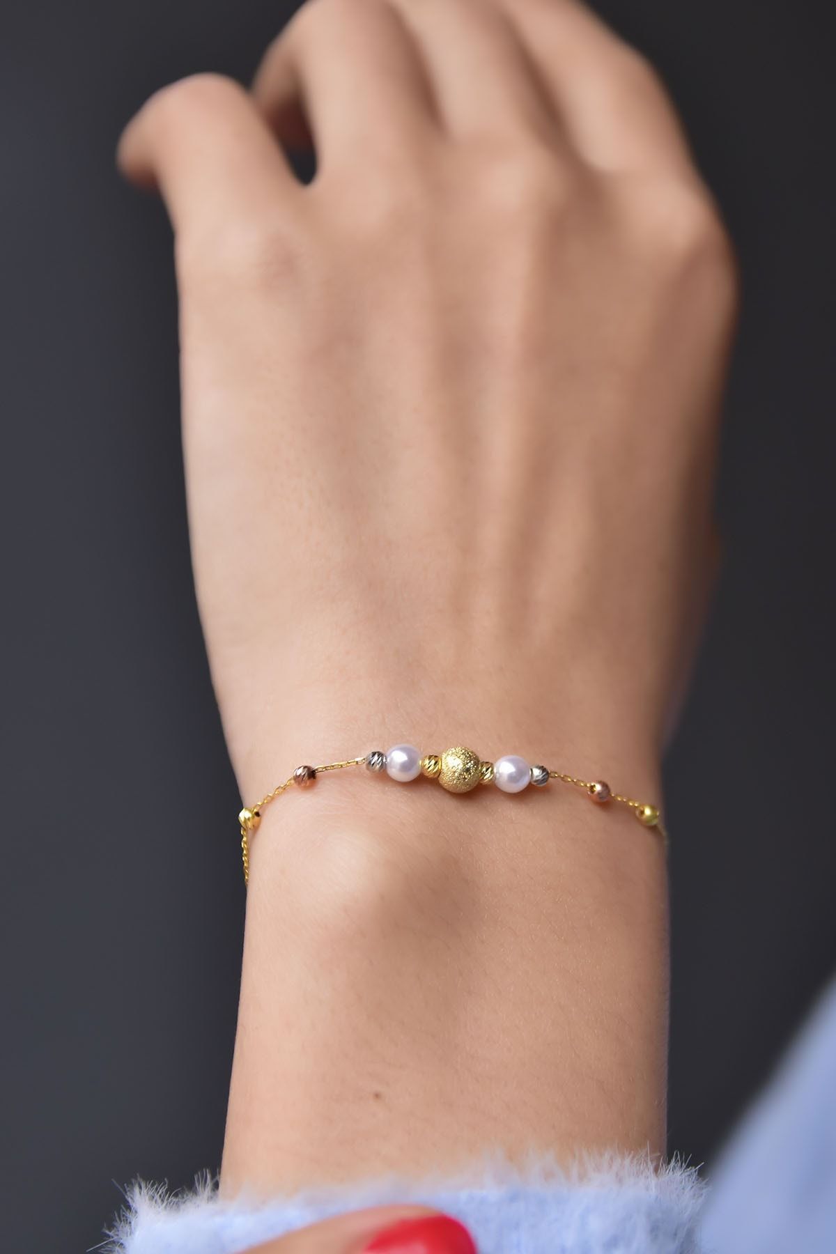 925 Ayar Gümüş Altın Kaplama Sim Dorika Toplu Inci Kadın Bileklik Uvpts200006