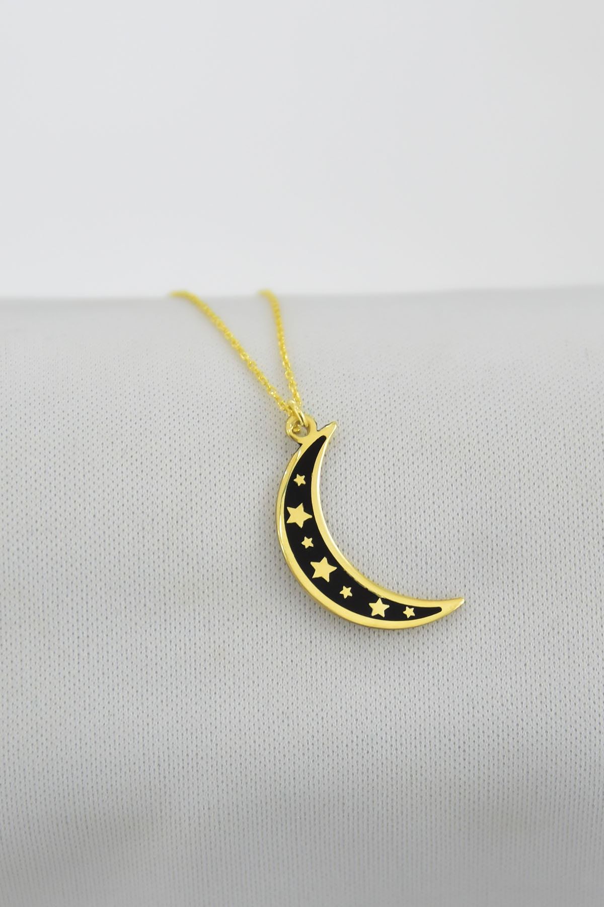 925 Ayar Gümüş Altın Kaplama Siyah Mineli Yıldızlı Ay Kolye