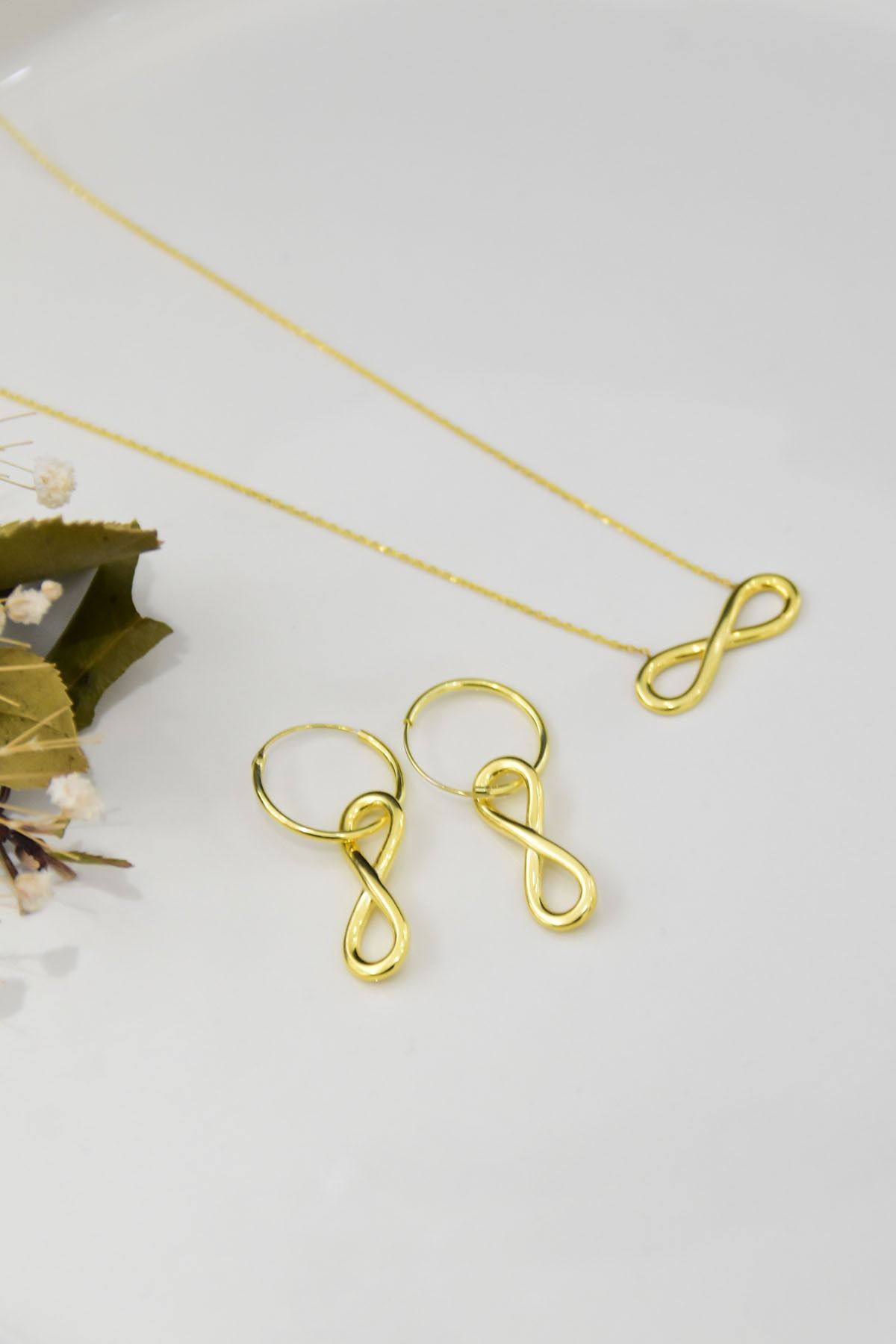 925 Ayar Gümüş Altın Kaplama Sonsuzluk Kolye Küpe Set