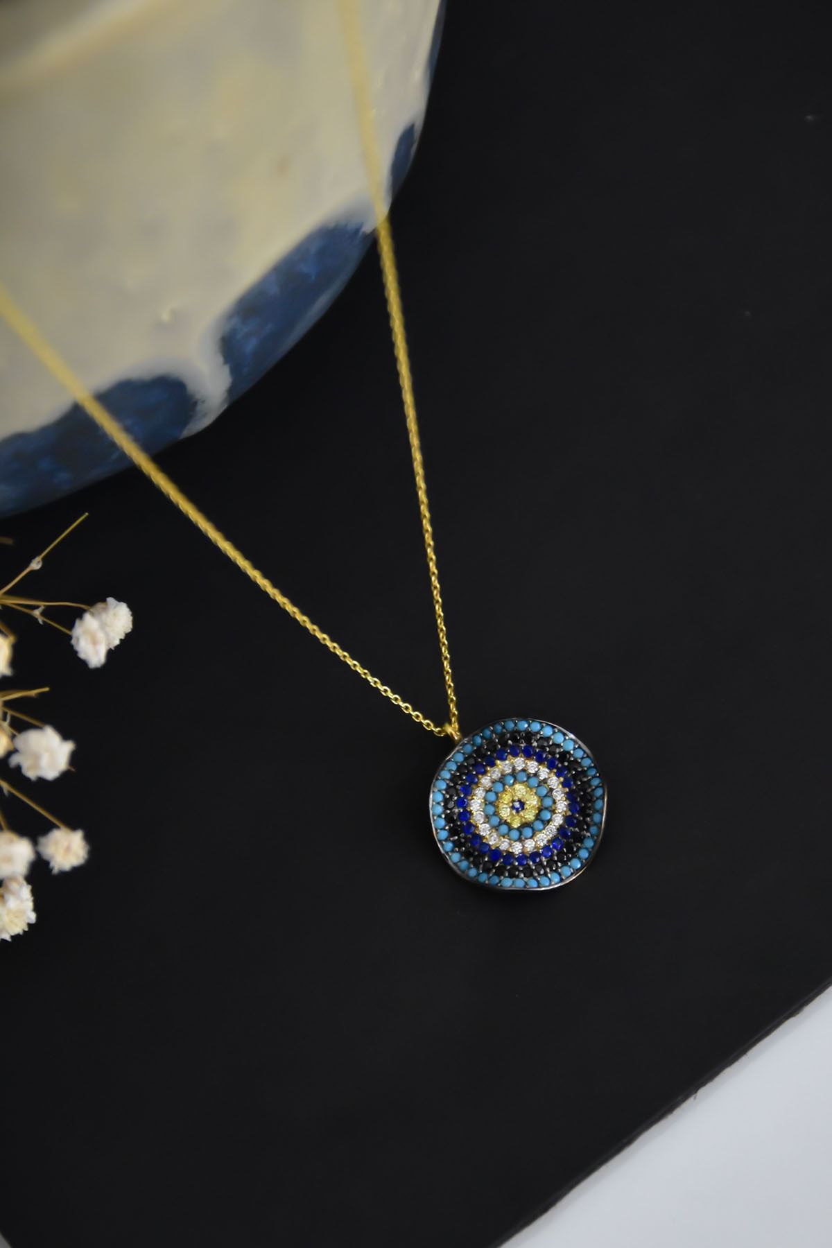 925 Ayar Gümüş Altın Kaplama Taşlı Dalgalı Nazar Kolye