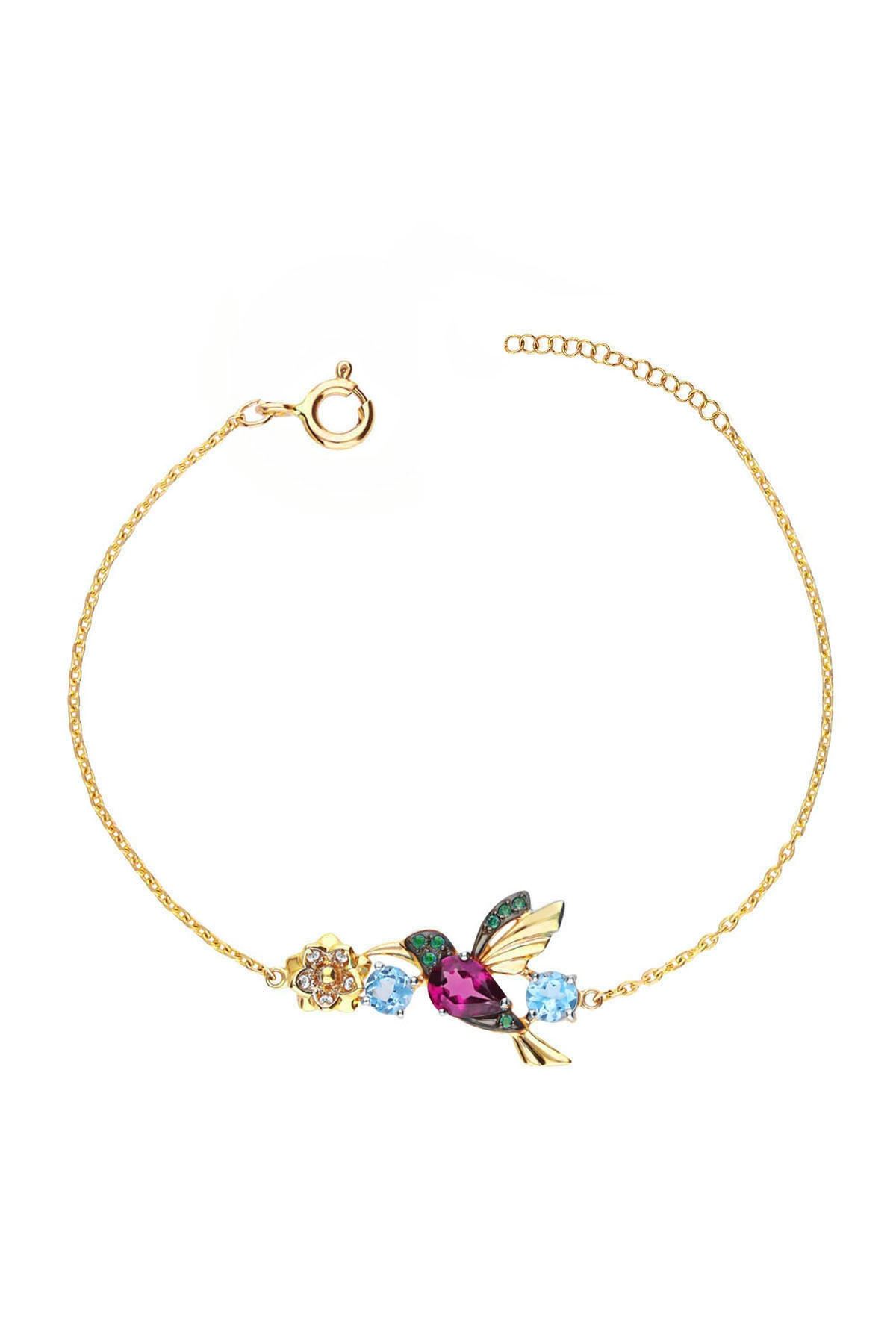 925 Ayar Gümüş Altın Kaplama Taşlı Kuş Bileklik