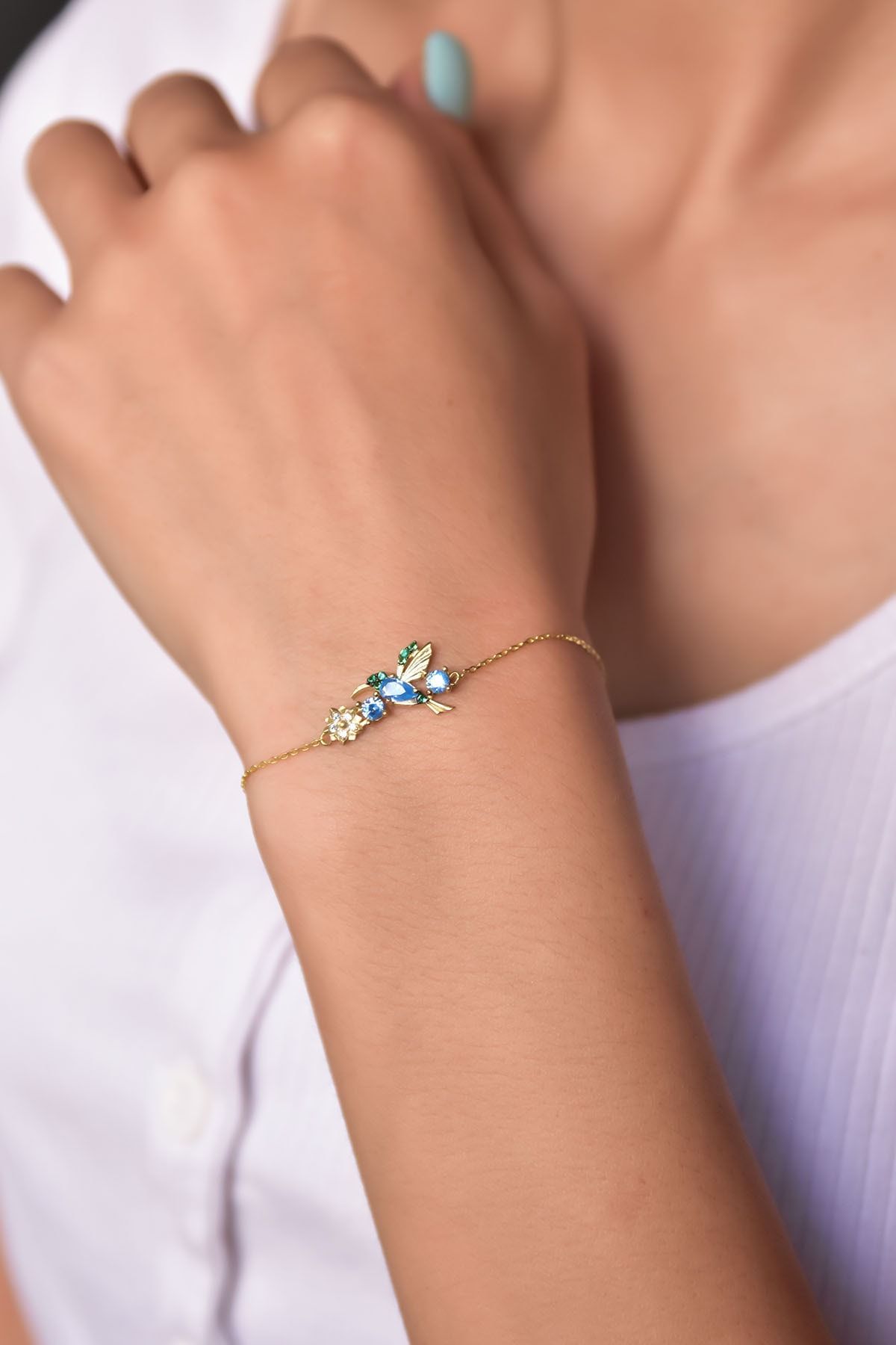 925 Ayar Gümüş Altın Kaplama Taşlı Kuş Bileklik