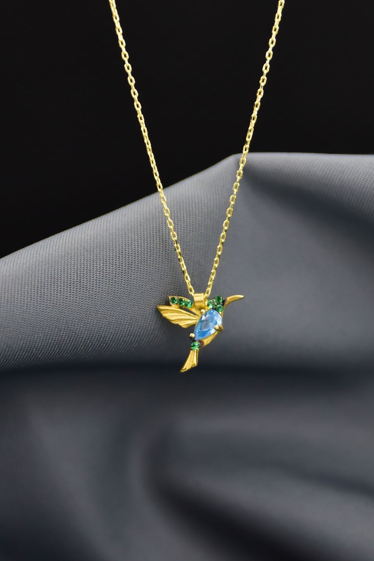 925 Ayar Gümüş Altın Kaplama Taşlı Kuş Kolye