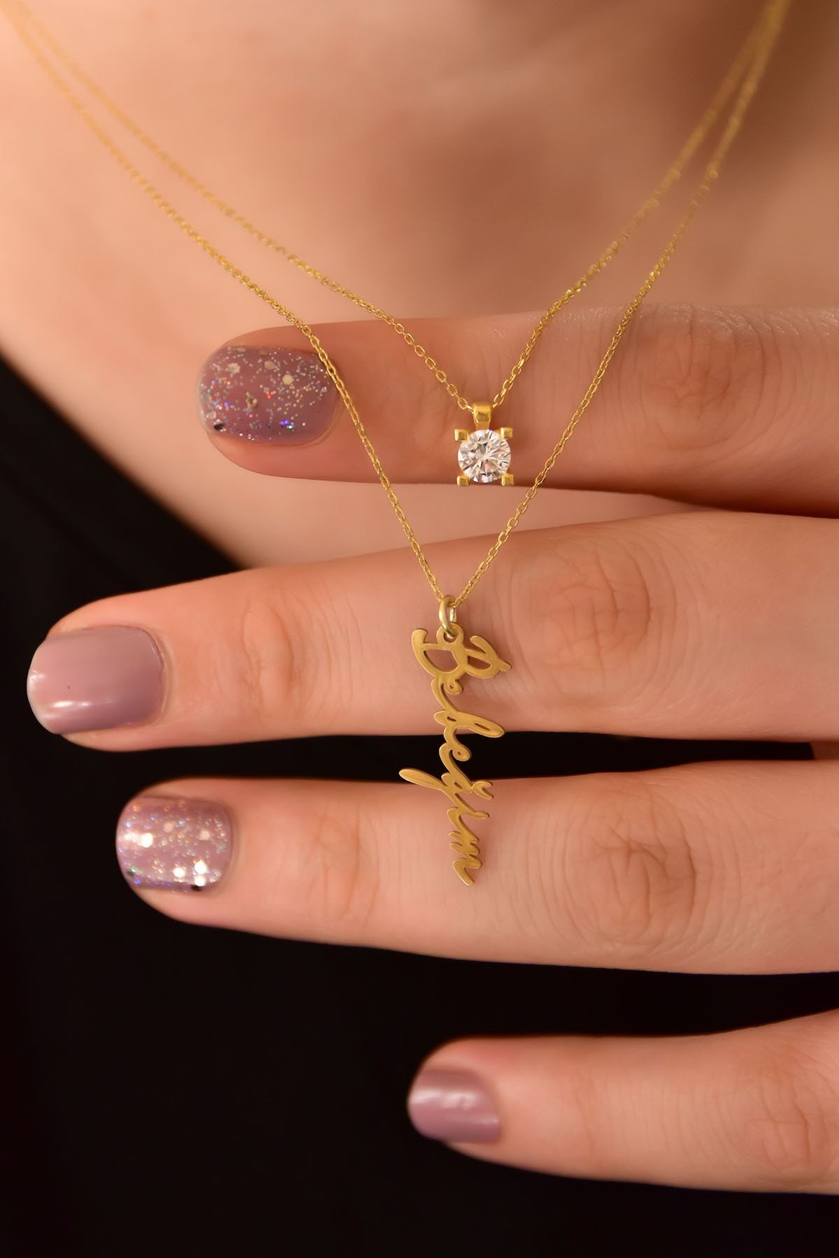 925 Ayar Gümüş Altın Kaplama Tektaş Ve Bebeğim Yazılı Asansörlü Kolye