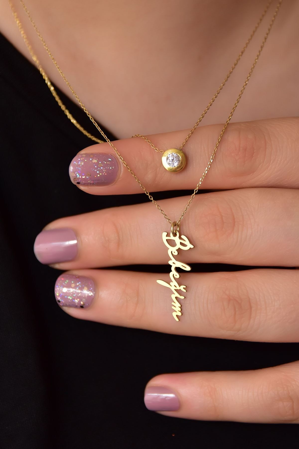 925 Ayar Gümüş Altın Kaplama Tektaş Ve Bebeğim Yazlı Asansörlü Kolye