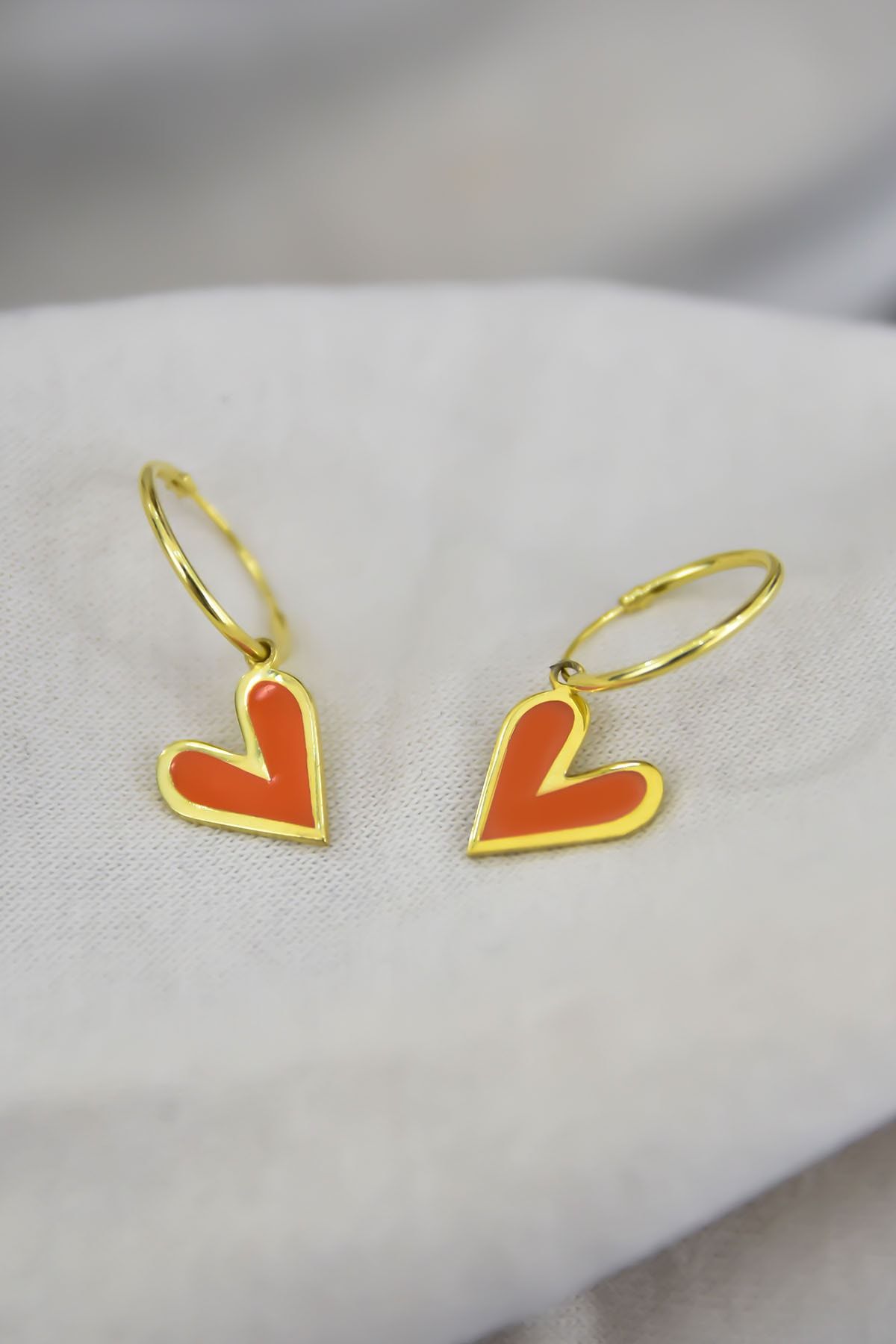 925 Ayar Gümüş Altın Kaplama Turuncu Mineli Kalp Halka Küpe