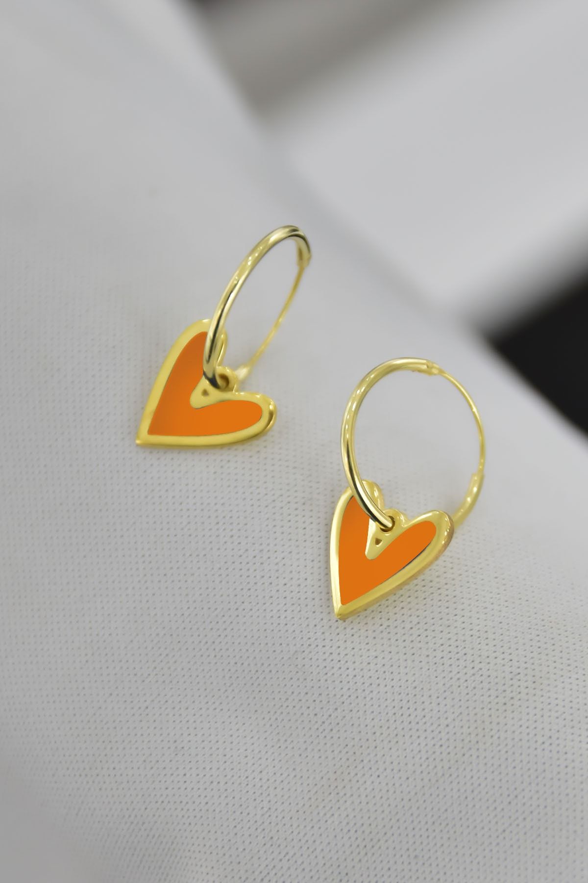 925 Ayar Gümüş Altın Kaplama Turuncu Mineli Kalp Halka Küpe