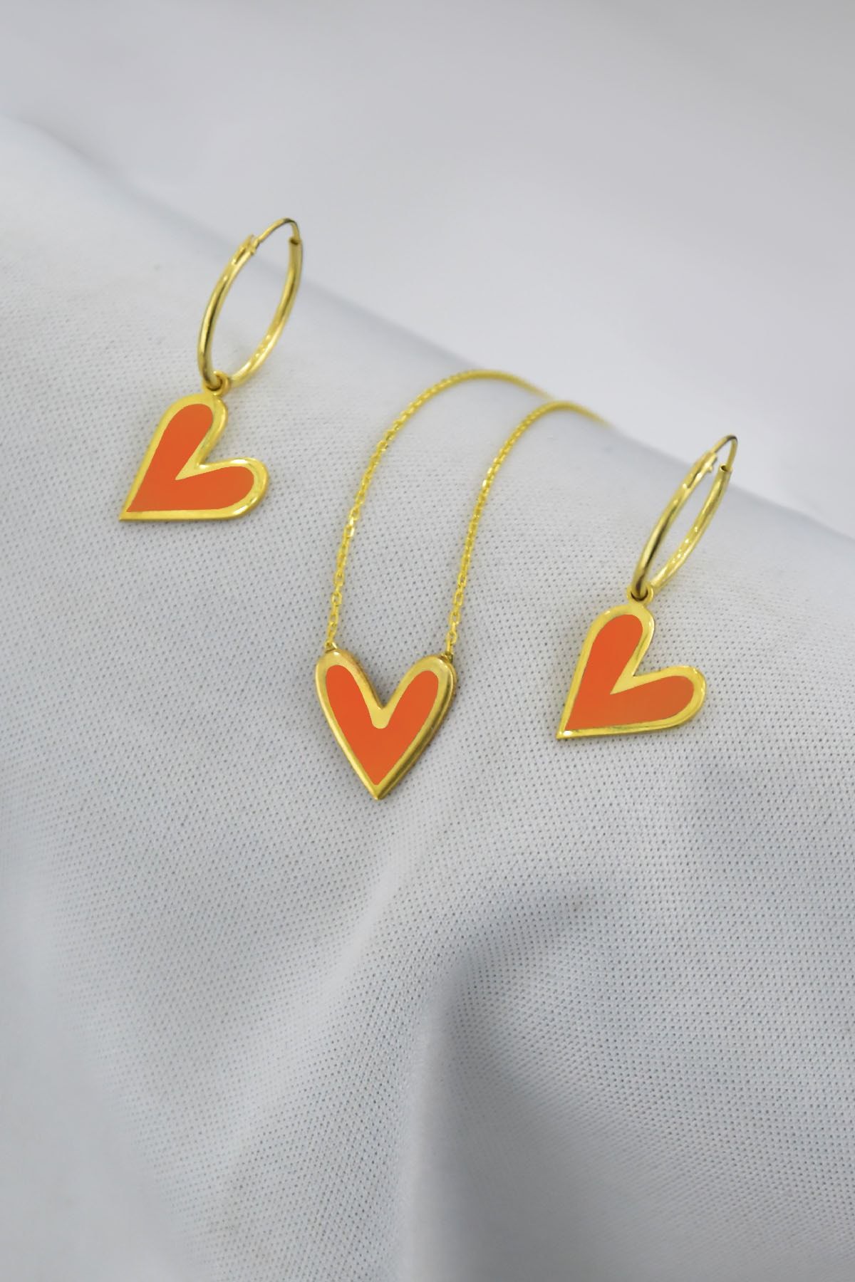 925 Ayar Gümüş Altın Kaplama Turuncu Mineli Kalp Kolye Küpe Set