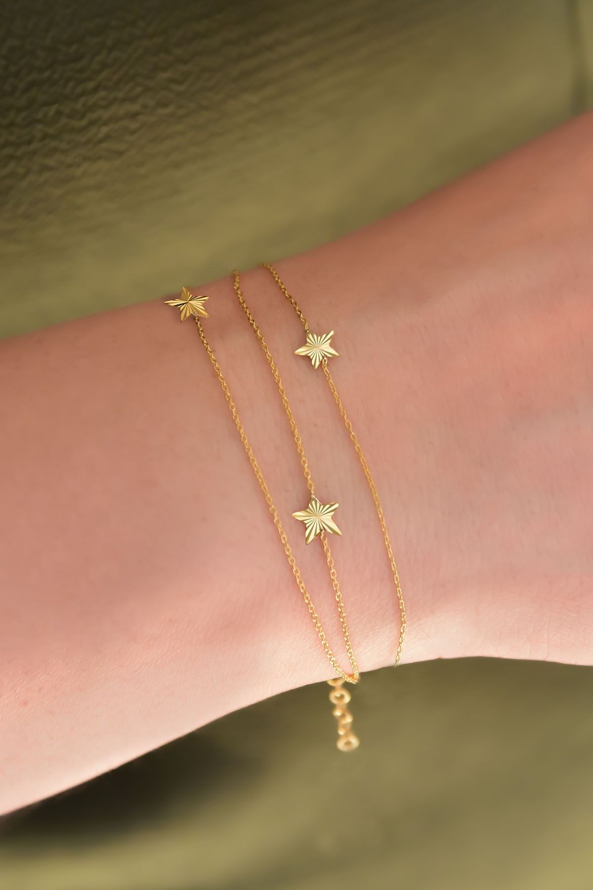 925 Ayar Gümüş Altın Kaplama Üç Yıldız Kristal Kesim Üç Zincir Bileklik