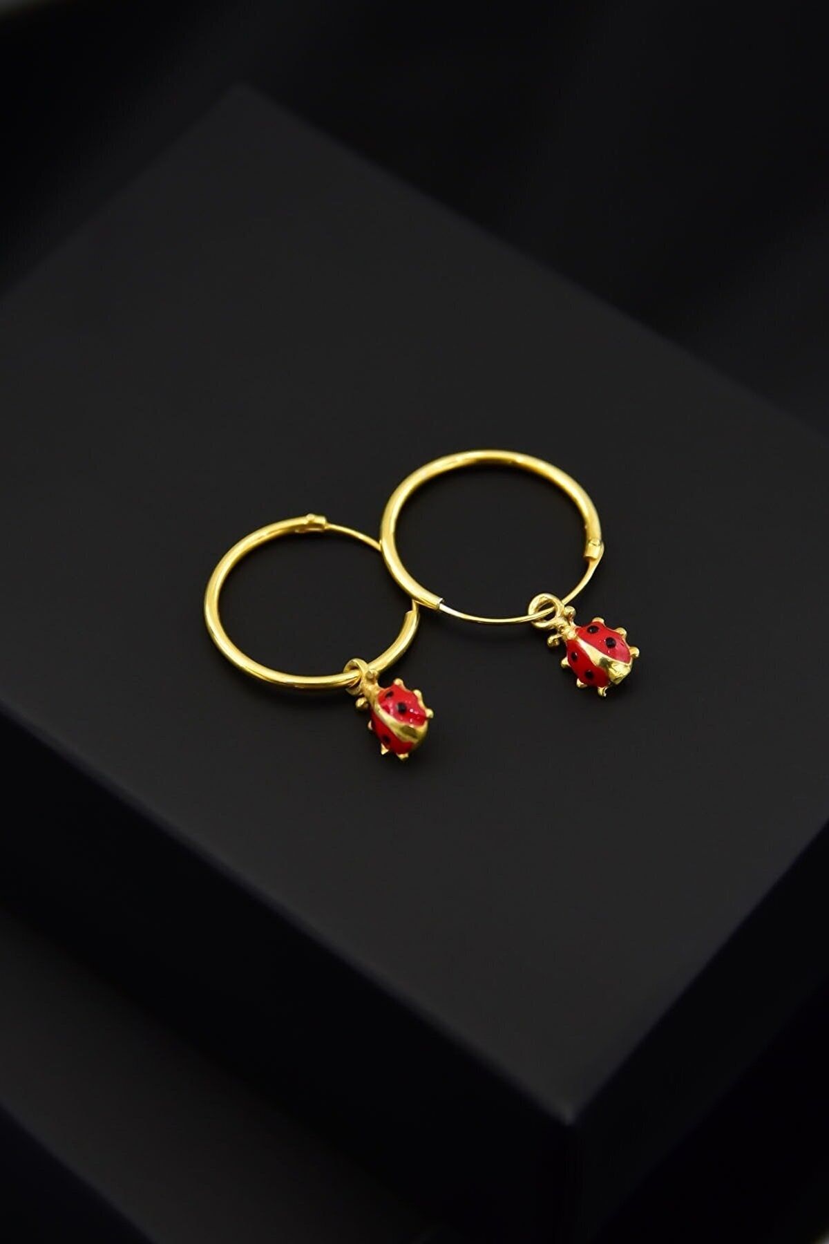 925 Ayar Gümüş Altın Kaplama Uğur Böceği Halka Küpe