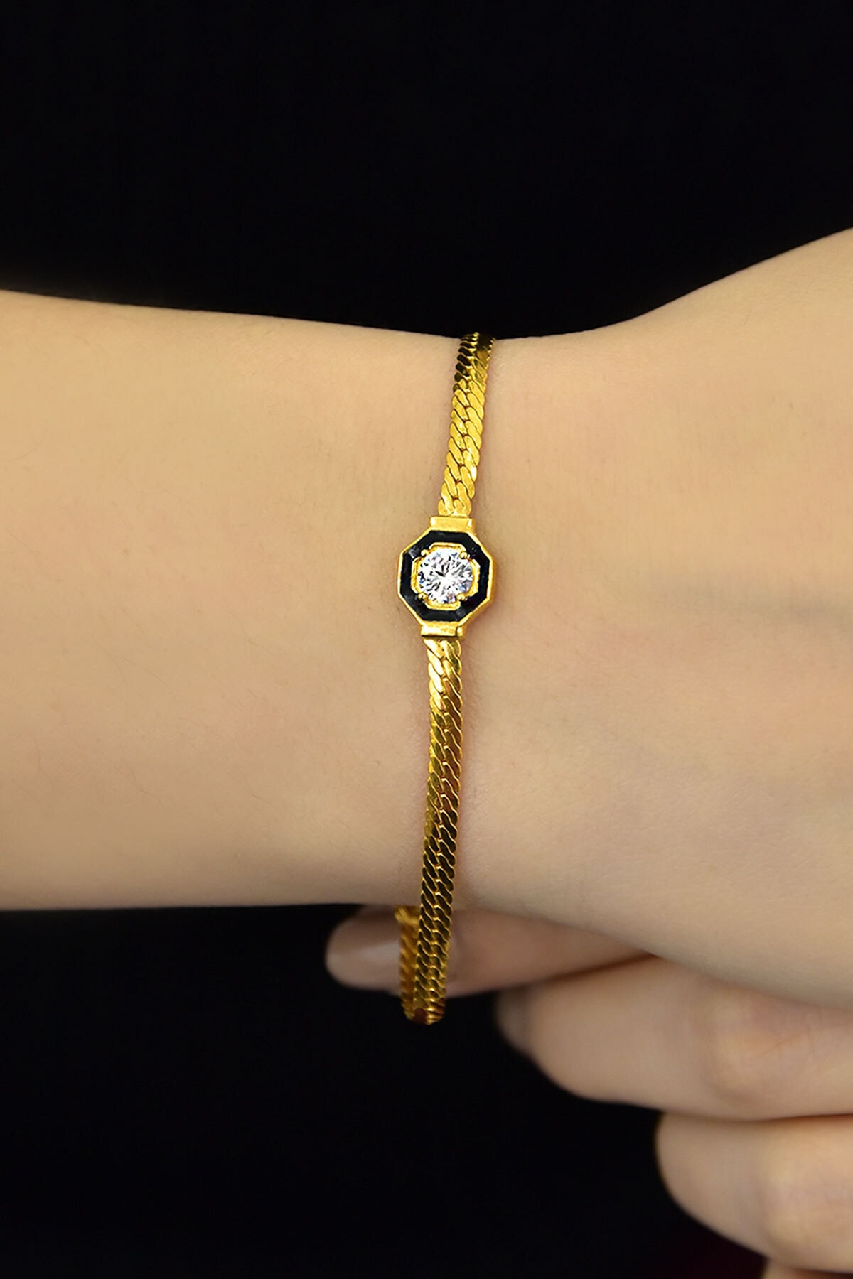 925 Ayar Gümüş Altın Kaplama Yassı Zincir Bileklik