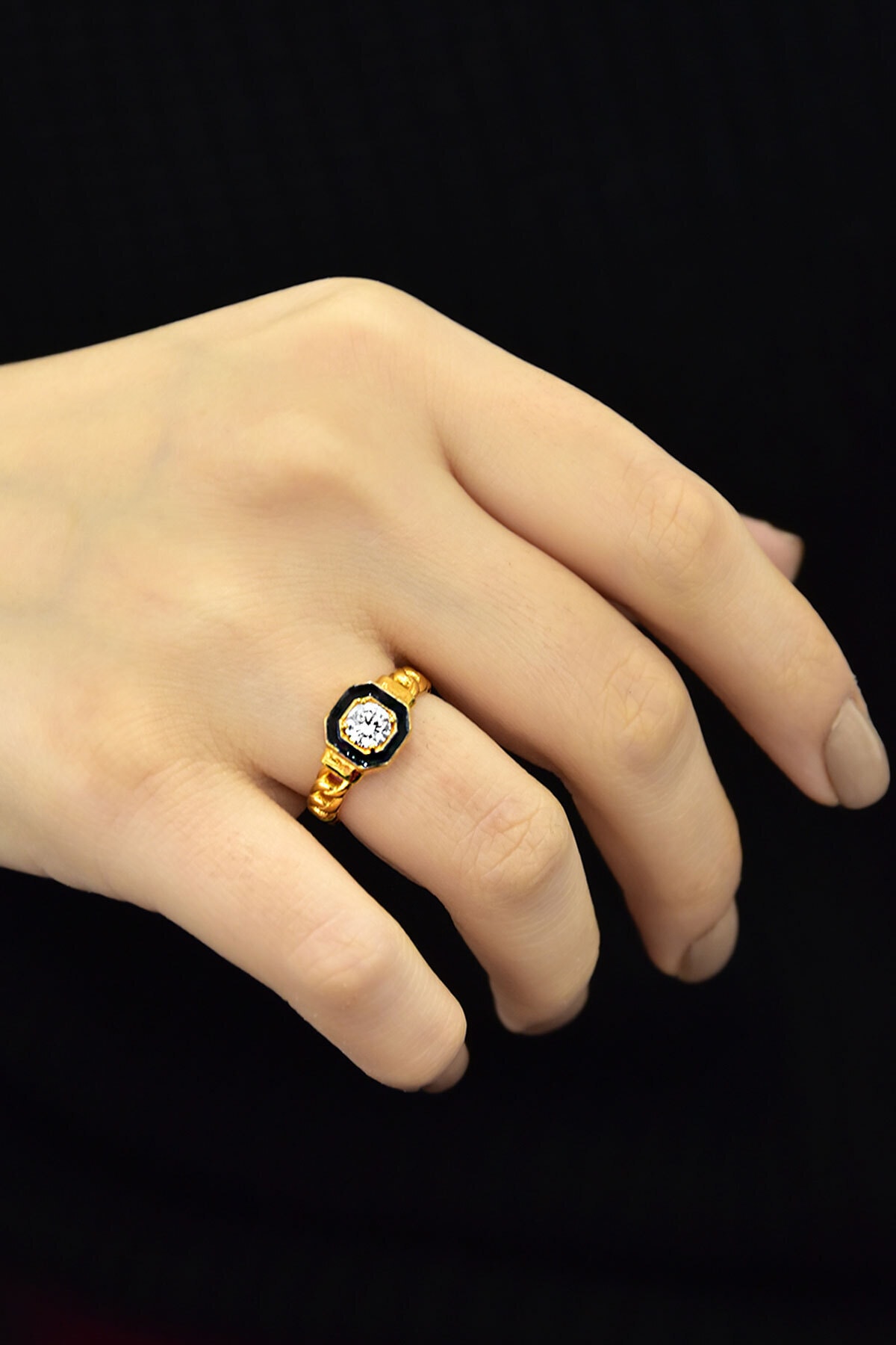 925 Ayar Gümüş Altın Kaplama Yassı Zincir Tektaş Yüzük