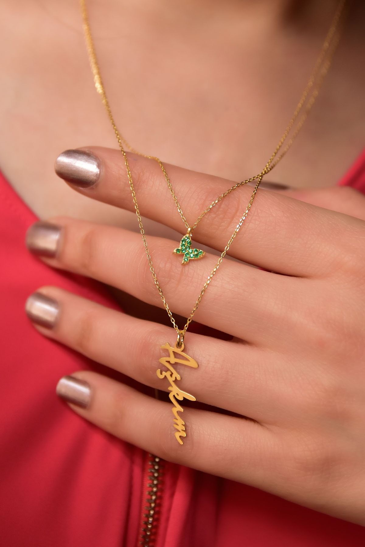 925 Ayar Gümüş Altın Kaplama Yeşil Kelebek ve Aşkım Yazılı Asansörlü Kolye