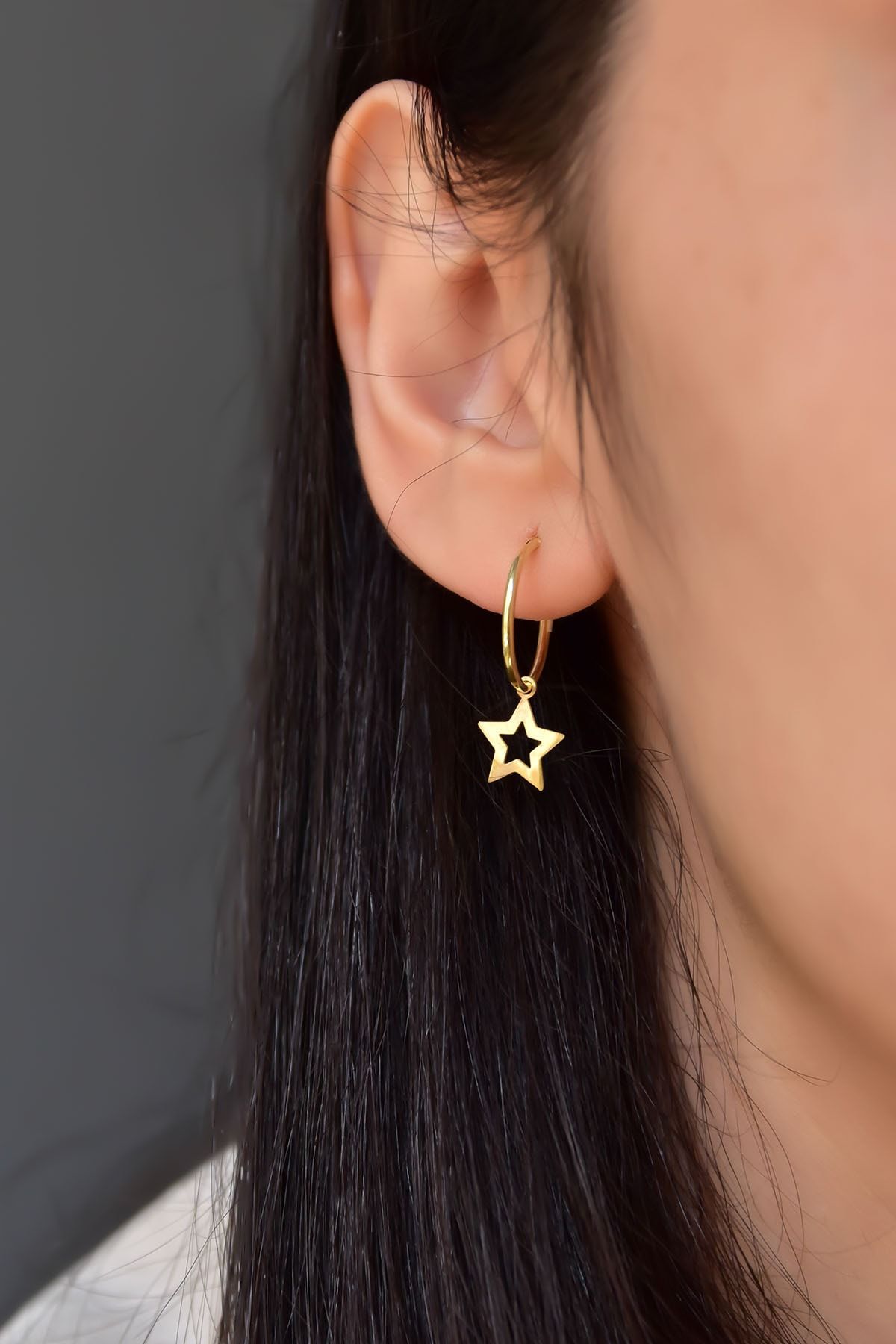 925 Ayar Gümüş Altın Kaplama Yıldız Figürlü Halka Küpe