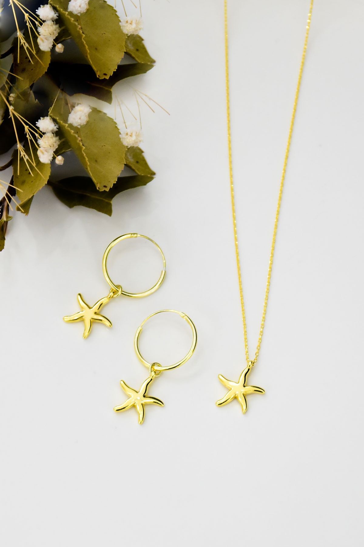 925 Ayar Gümüş Altın Kaplama Yıldız Kolye Küpe Set