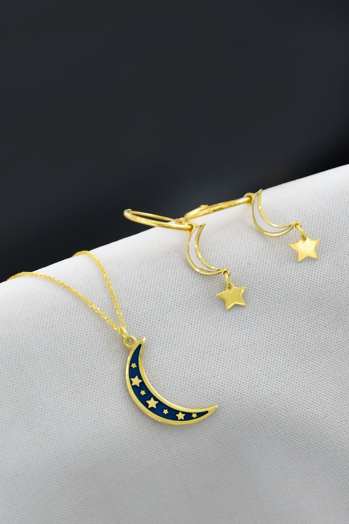 925 Ayar Gümüş Altın Kaplama Yıldızlı Hilal Kolye, Ay Yıldız Halka Küpe